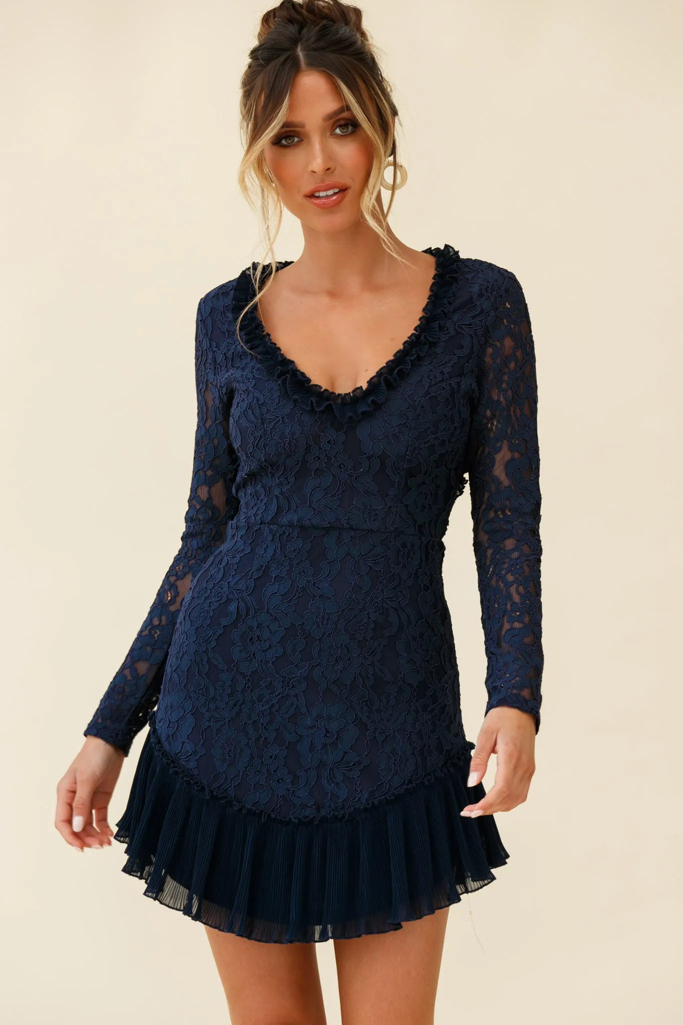 Isabella Long Sleeve Open Back Lace Dress Navy sold by Selfie Leslie