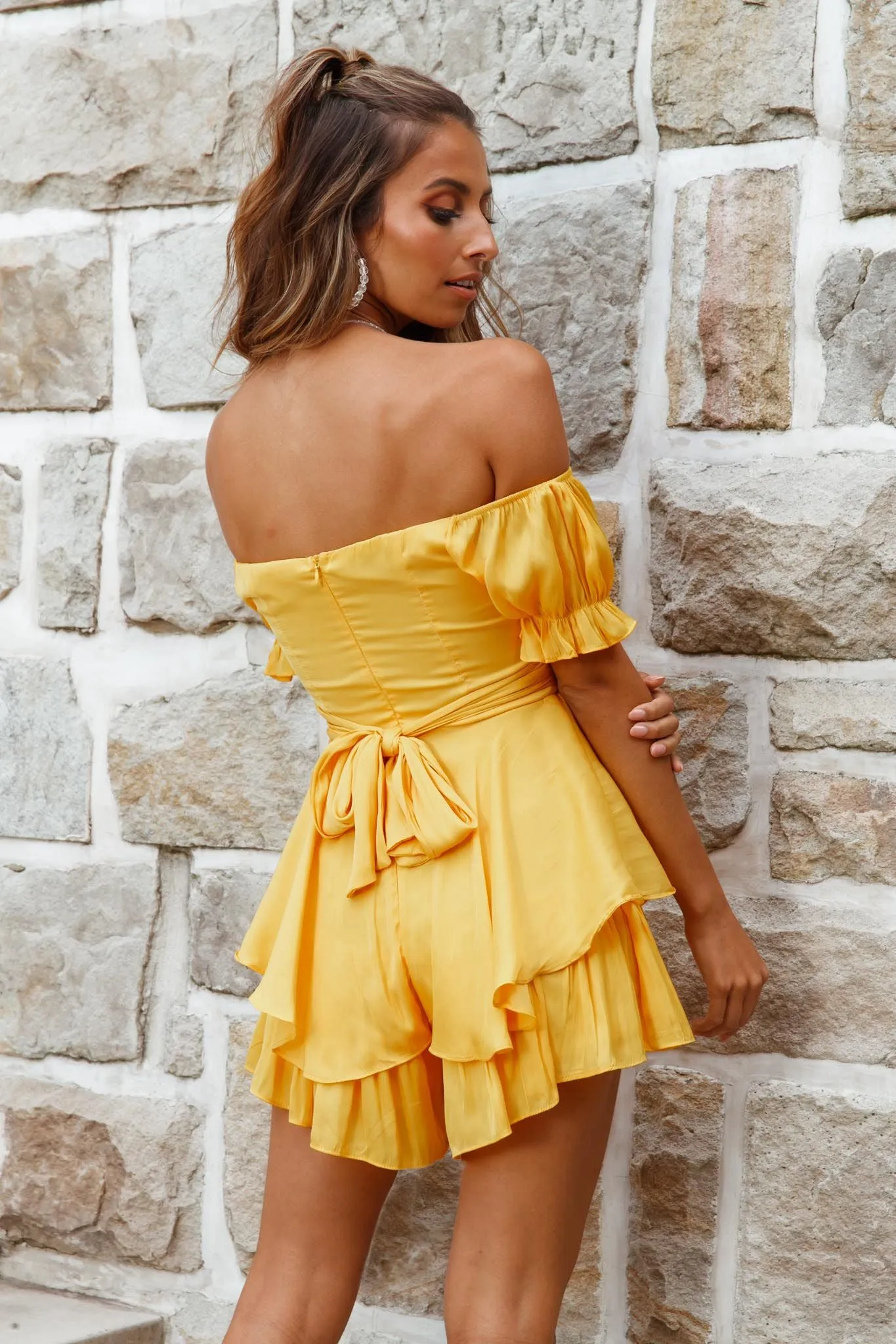 Linka Off-Shoulder Tie Back Romper Yellow sold by Selfie Leslie product image thumbnail 3
