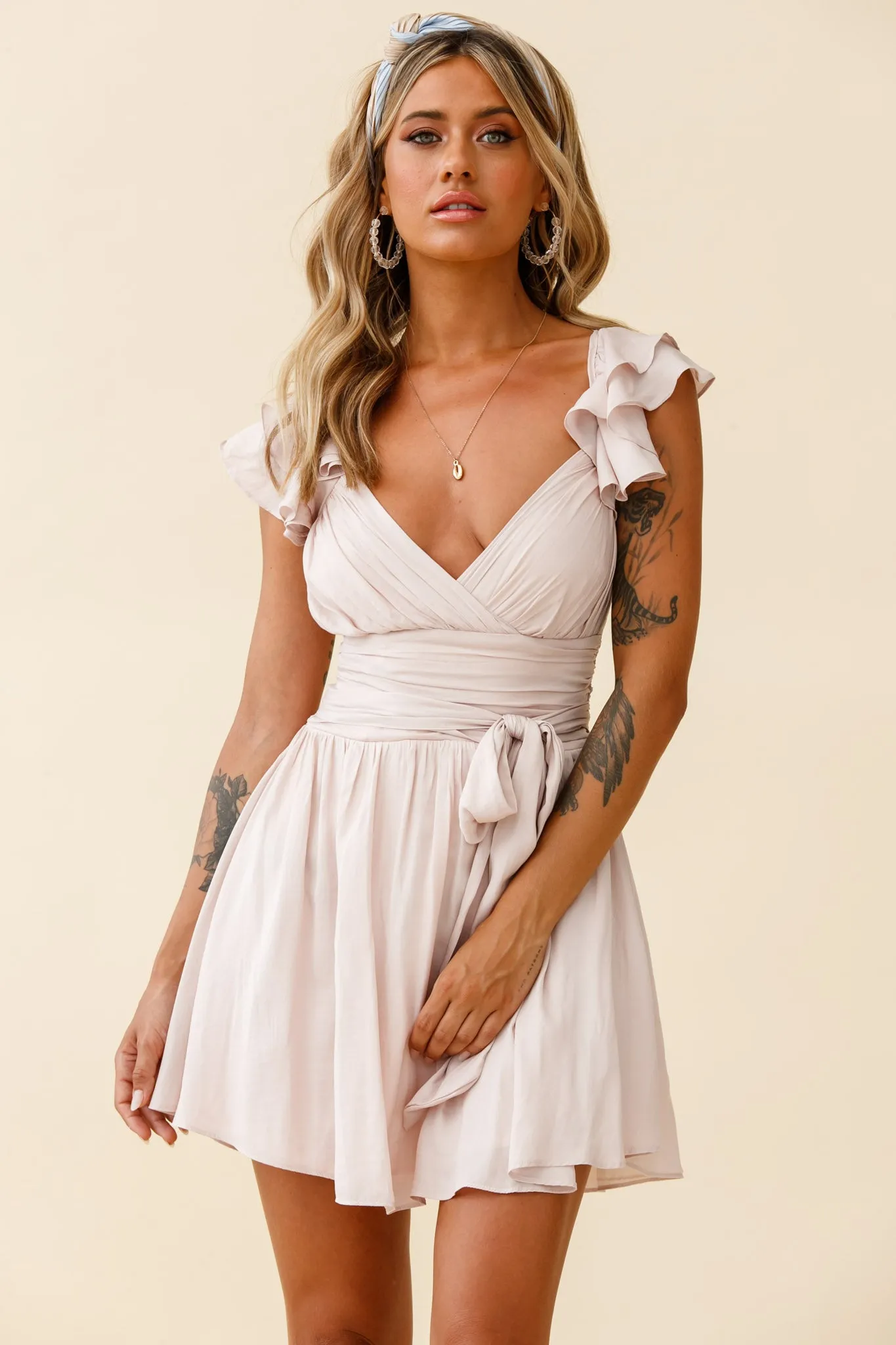 Lola Ruffle Shoulder Ruched Dress Nude sold by Selfie Leslie