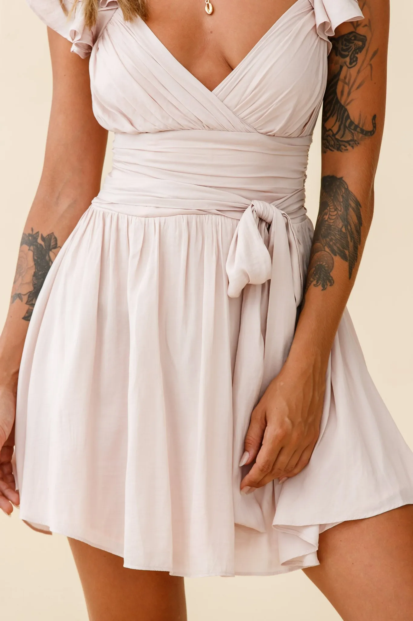 Lola Ruffle Shoulder Ruched Dress Nude sold by Selfie Leslie product image thumbnail 4