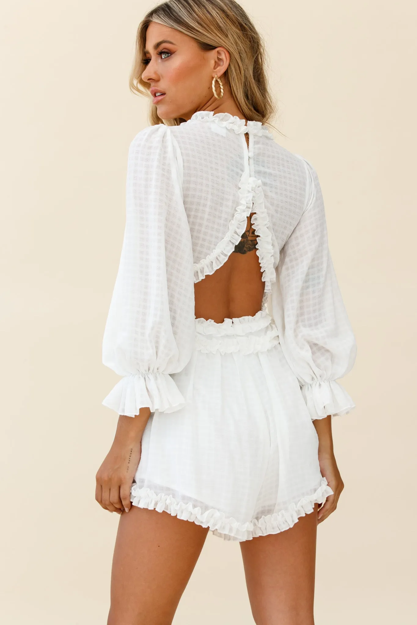 Laney Long Sleeve Frill Trim Romper White sold by Selfie Leslie product image thumbnail 3