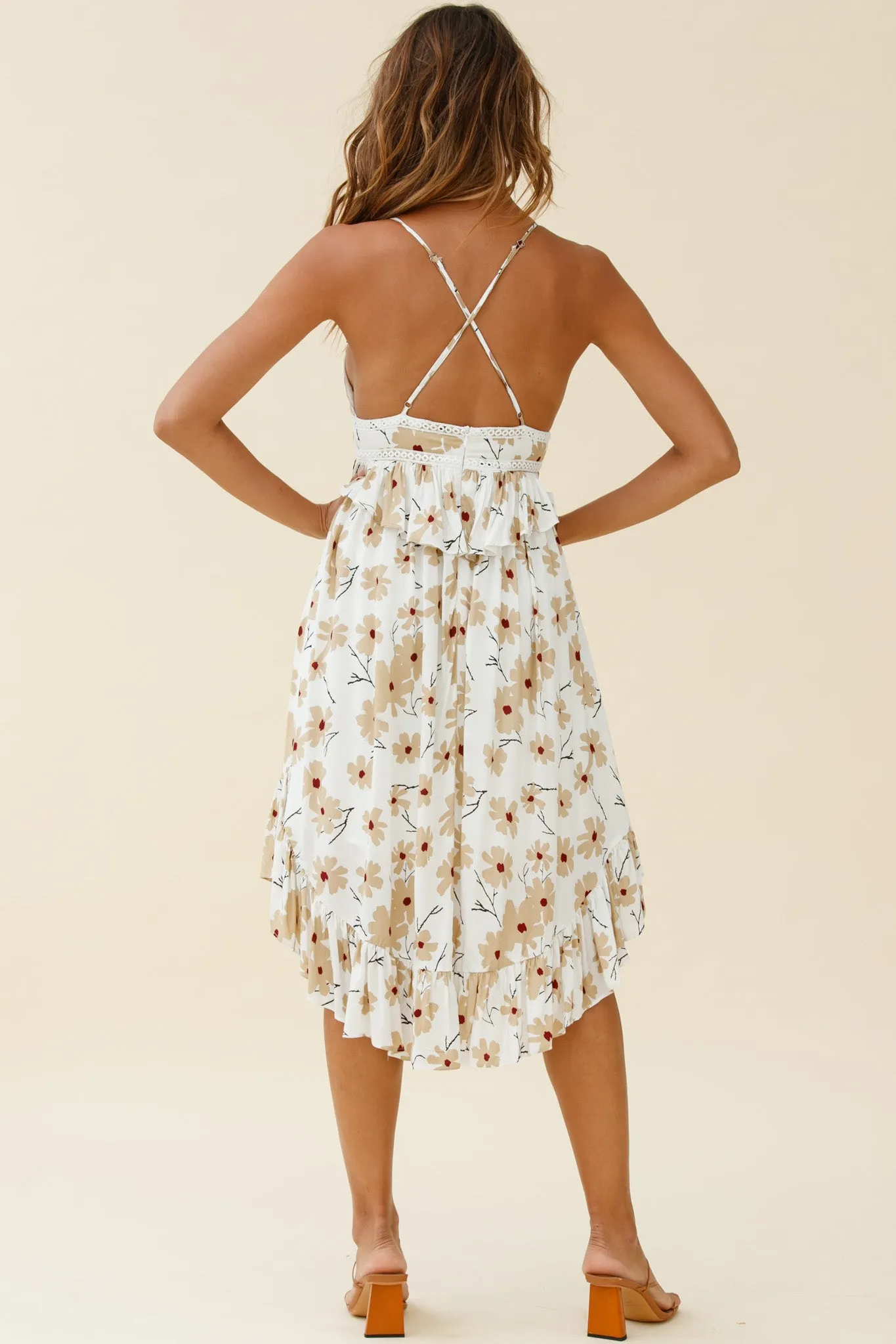 Marigold Peplum Midi Ruffle Dress Floral Print White sold by Selfie Leslie product image thumbnail 3