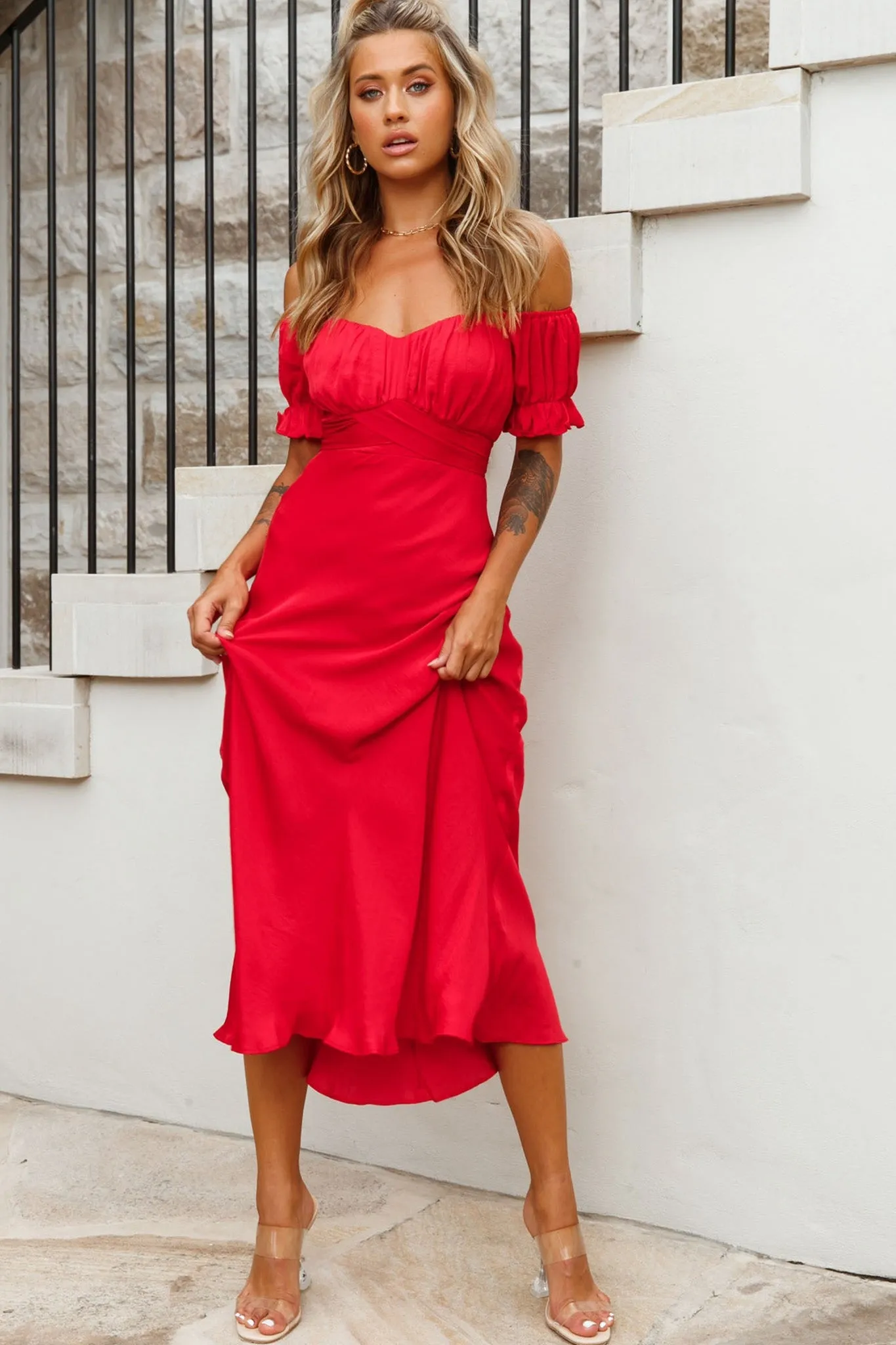 Linka Off-Shoulder Tie Back Midi Dress Red sold by Selfie Leslie