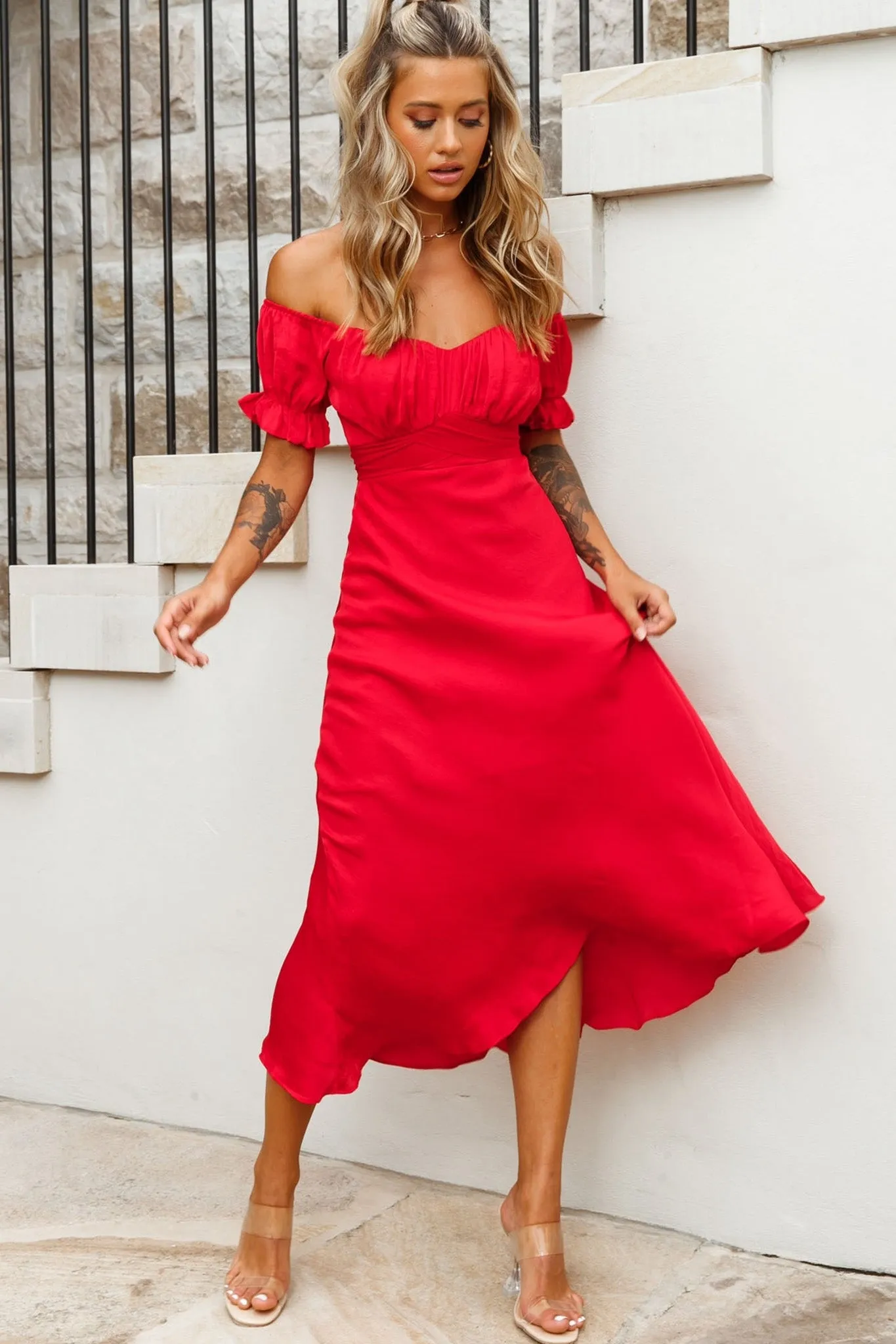 Linka Off-Shoulder Tie Back Midi Dress Red sold by Selfie Leslie product image thumbnail 2