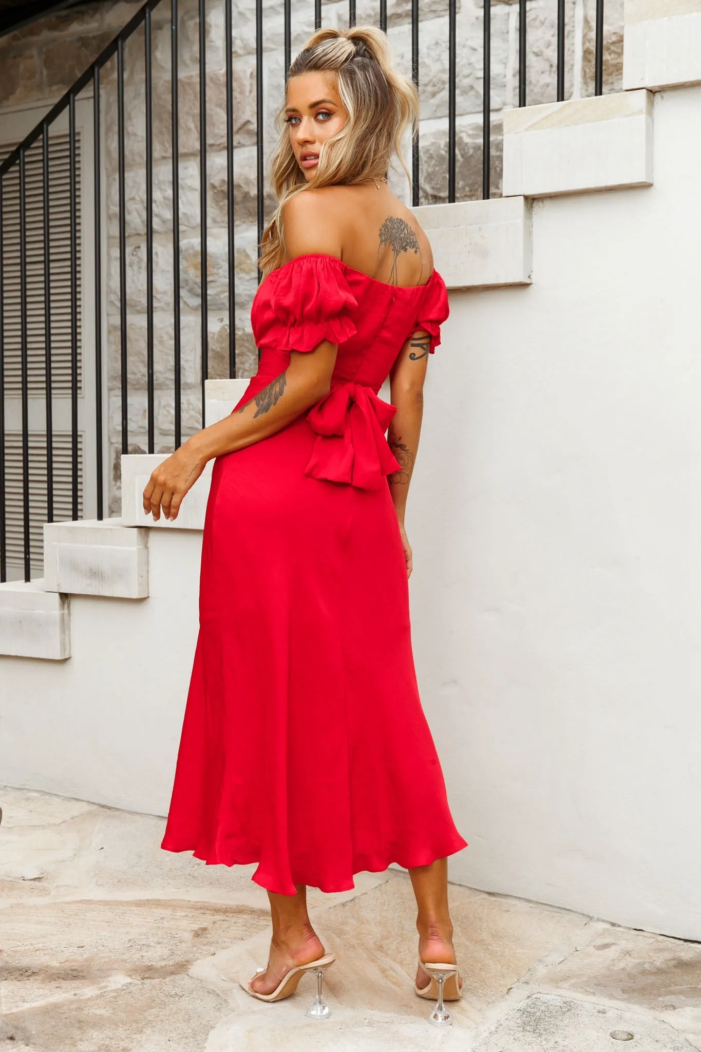 Linka Off-Shoulder Tie Back Midi Dress Red sold by Selfie Leslie product image thumbnail 3