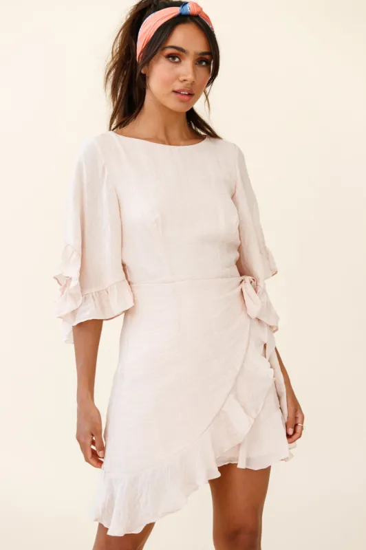 Make It Happen Flared Sleeve Ruffle Trim Dress Beige sold by Selfie Leslie