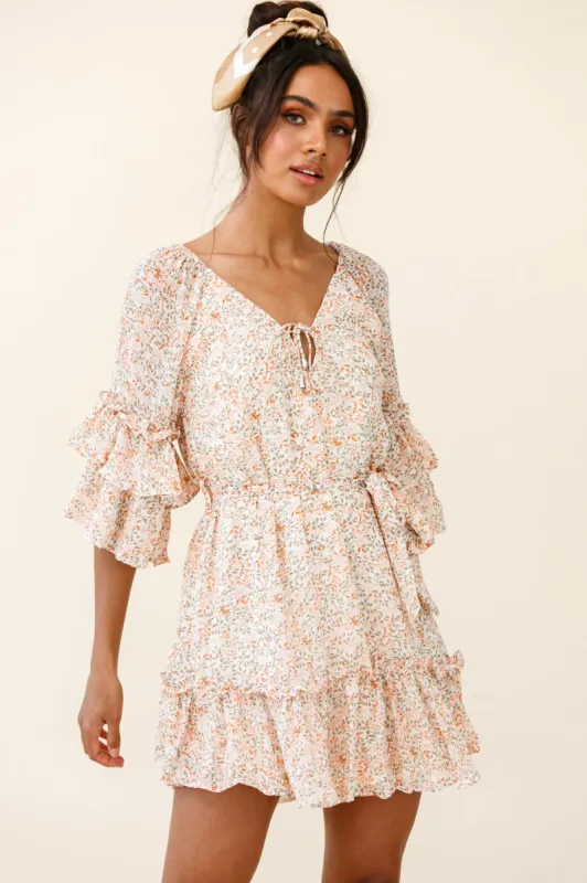 Forever Sunshine Flared Sleeve Waist Tie Dress Floral Print Nude sold by Selfie Leslie