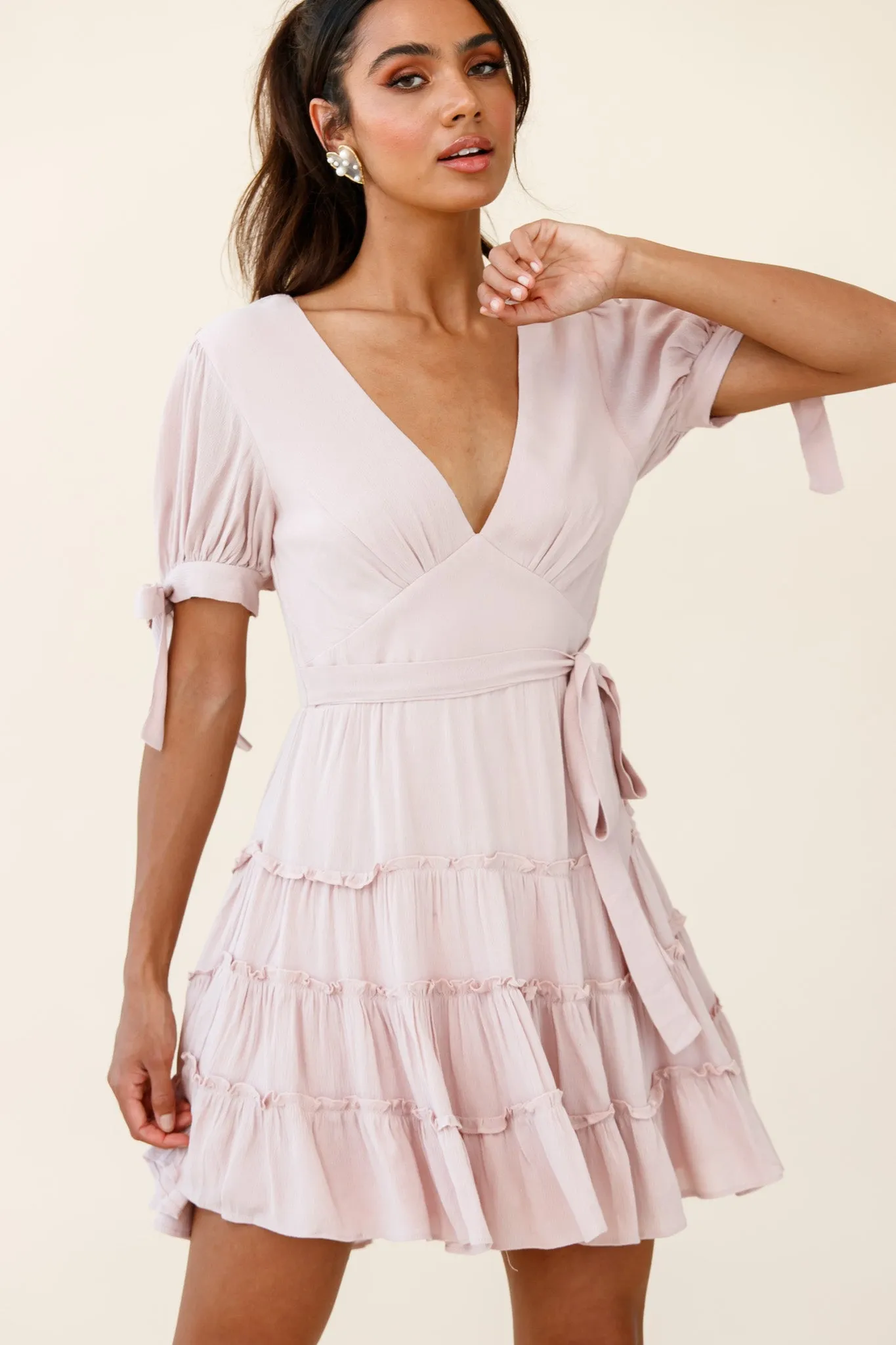 Jocelyn Short Sleeve Tied Cuff Layered Ruffle Dress Nude sold by Selfie Leslie product image thumbnail 4