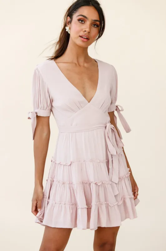 Jocelyn Short Sleeve Tied Cuff Layered Ruffle Dress Nude sold by Selfie Leslie
