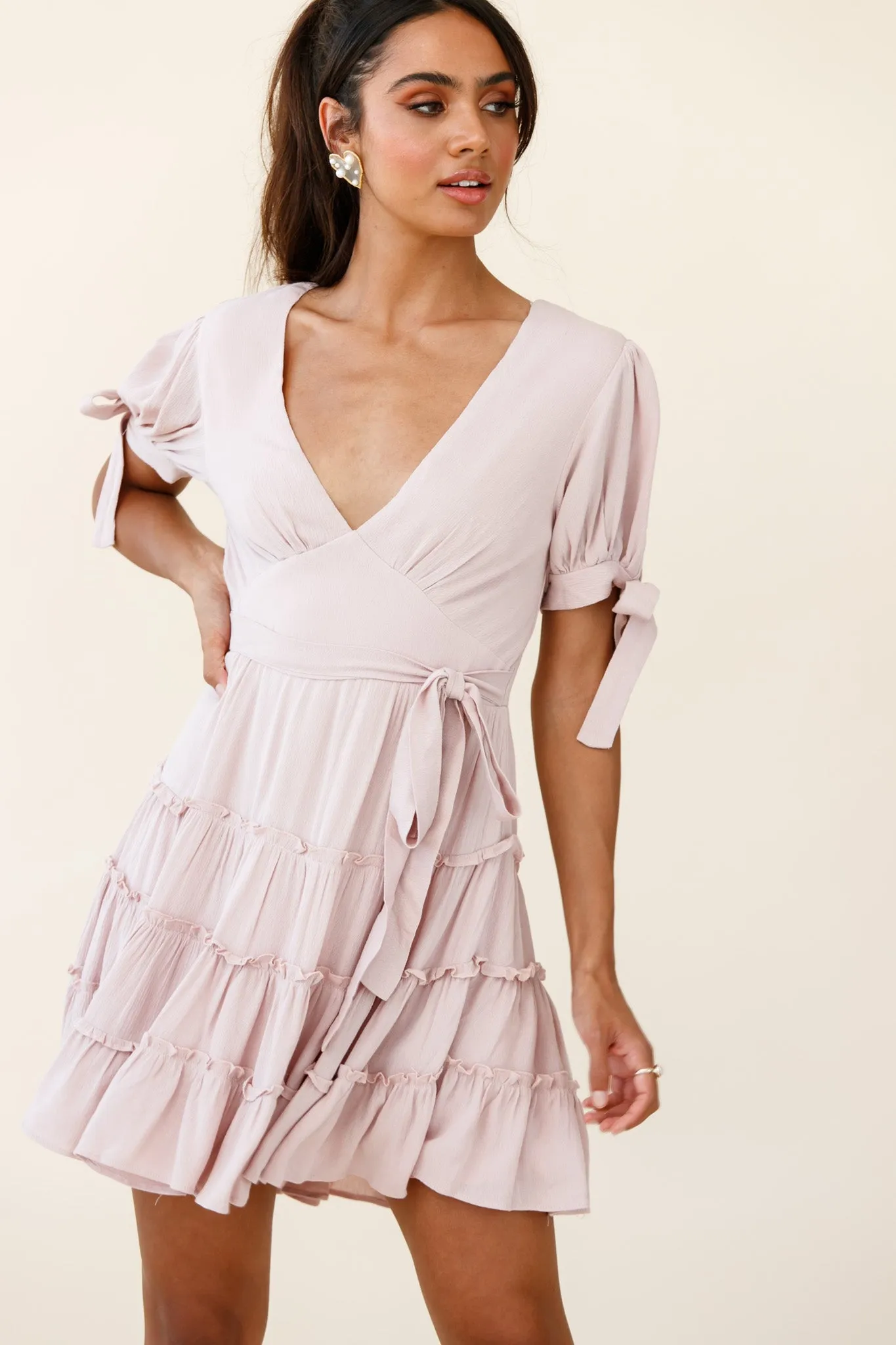 Jocelyn Short Sleeve Tied Cuff Layered Ruffle Dress Nude sold by Selfie Leslie product image thumbnail 5