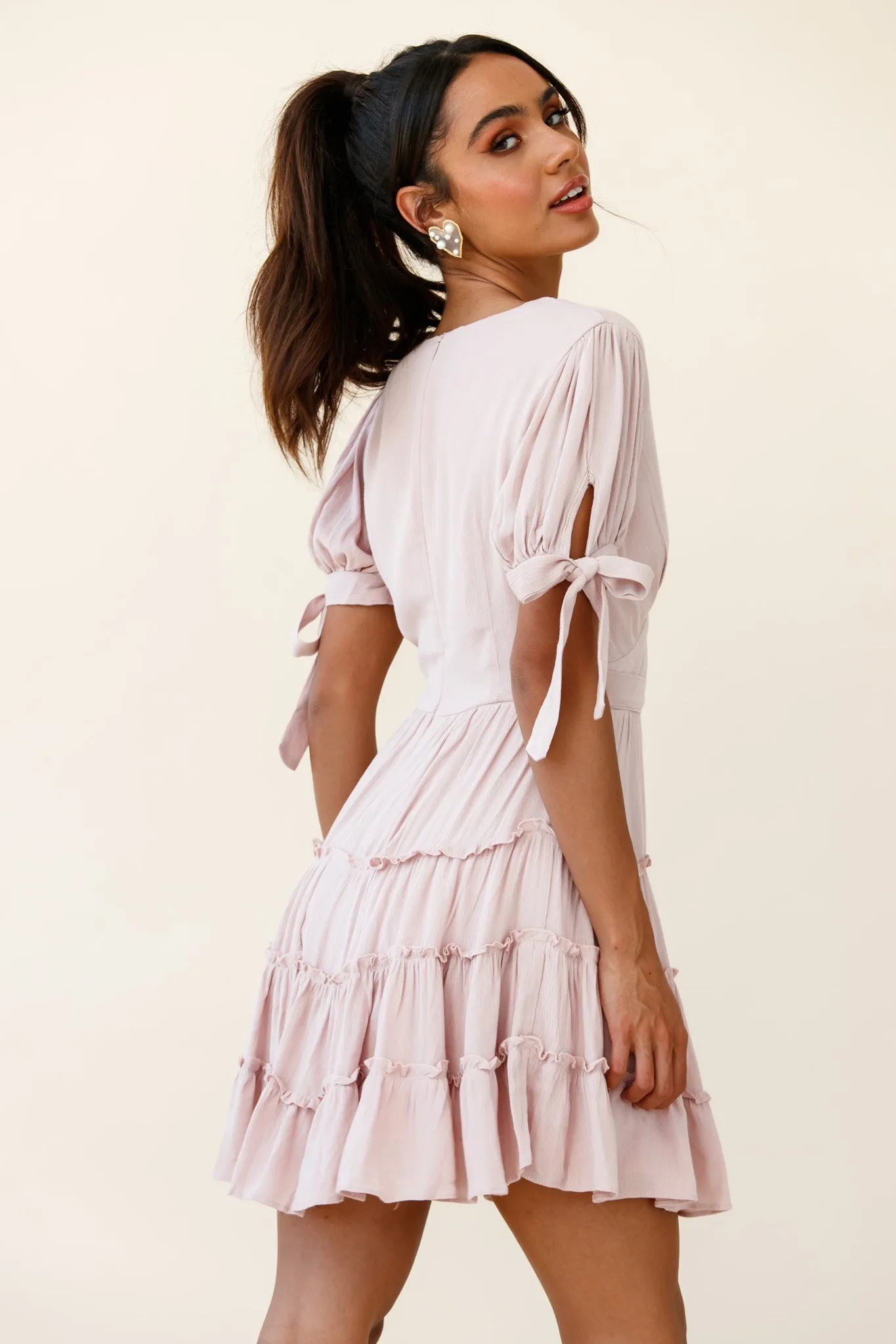 Jocelyn Short Sleeve Tied Cuff Layered Ruffle Dress Nude sold by Selfie Leslie product image thumbnail 3
