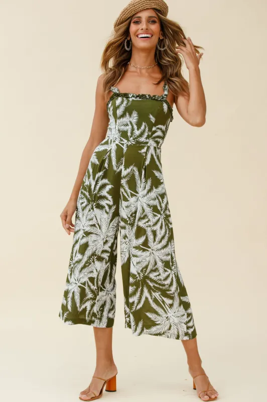 Magdalene Frill Strap Midi Jumpsuit Palm Print Olive sold by Selfie Leslie
