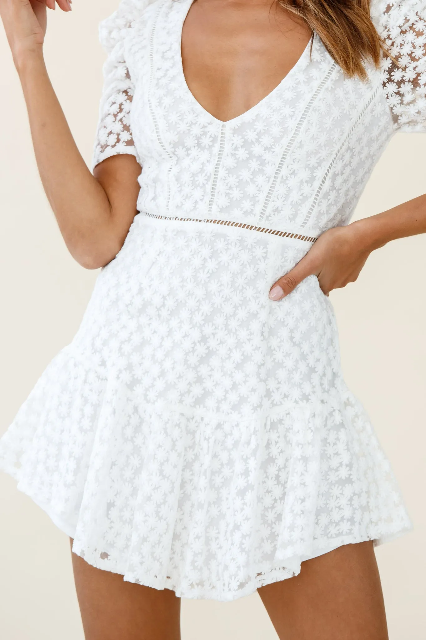 Adelia Ruched Puff Sleeve Floral Embroidery Dress White sold by Selfie Leslie product image thumbnail 4