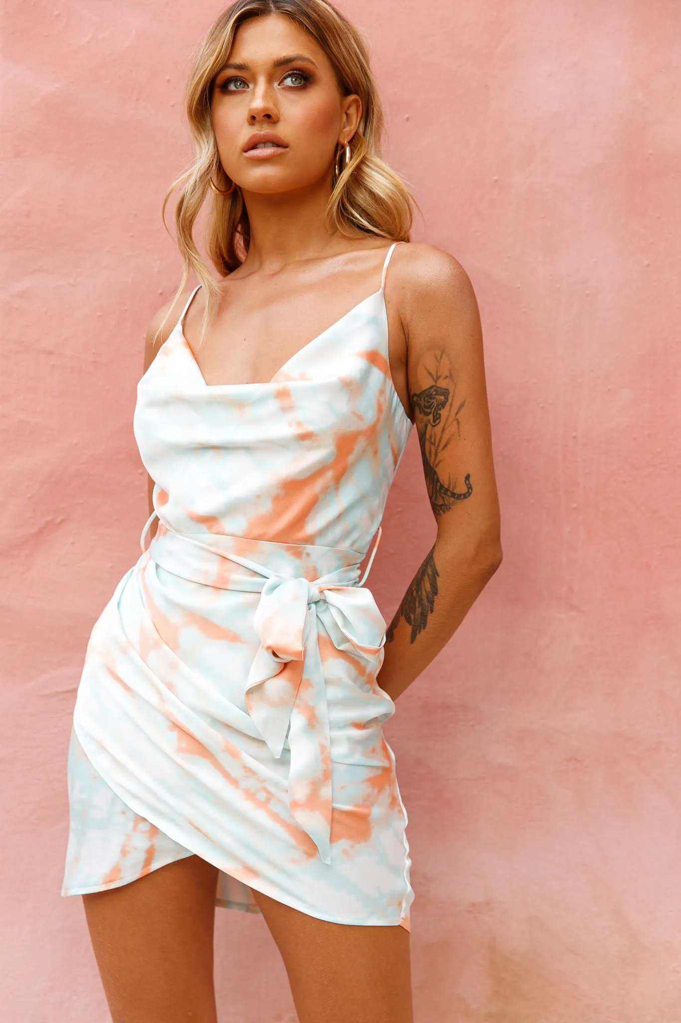 Bebe Satin Cowl Neck Wrap Dress Tie-Dye Orange sold by Selfie Leslie product image thumbnail 5