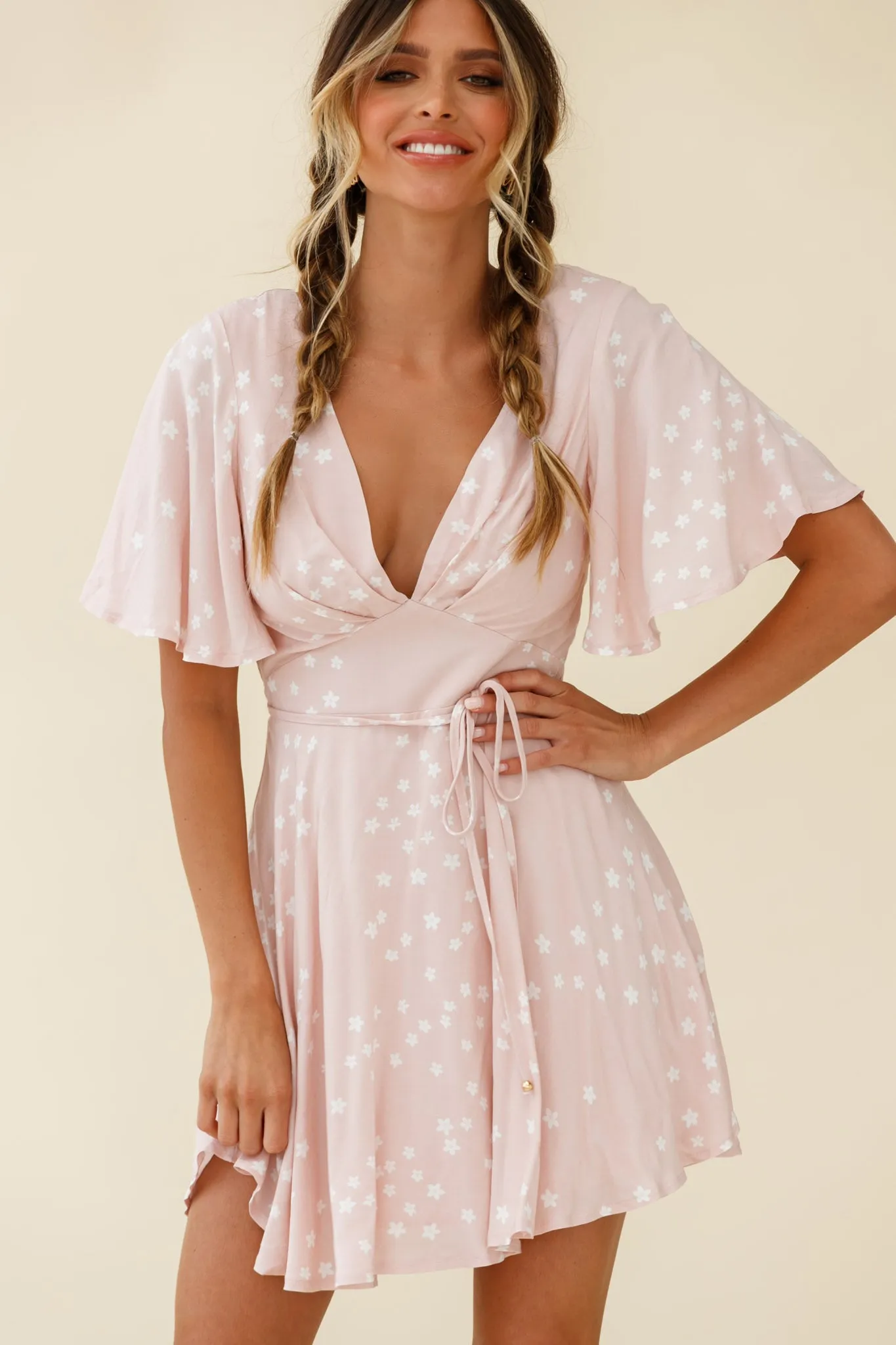 Dina V-Neckline Angel Sleeve Summer Dress Floral Print Pink sold by Selfie Leslie product image thumbnail 5