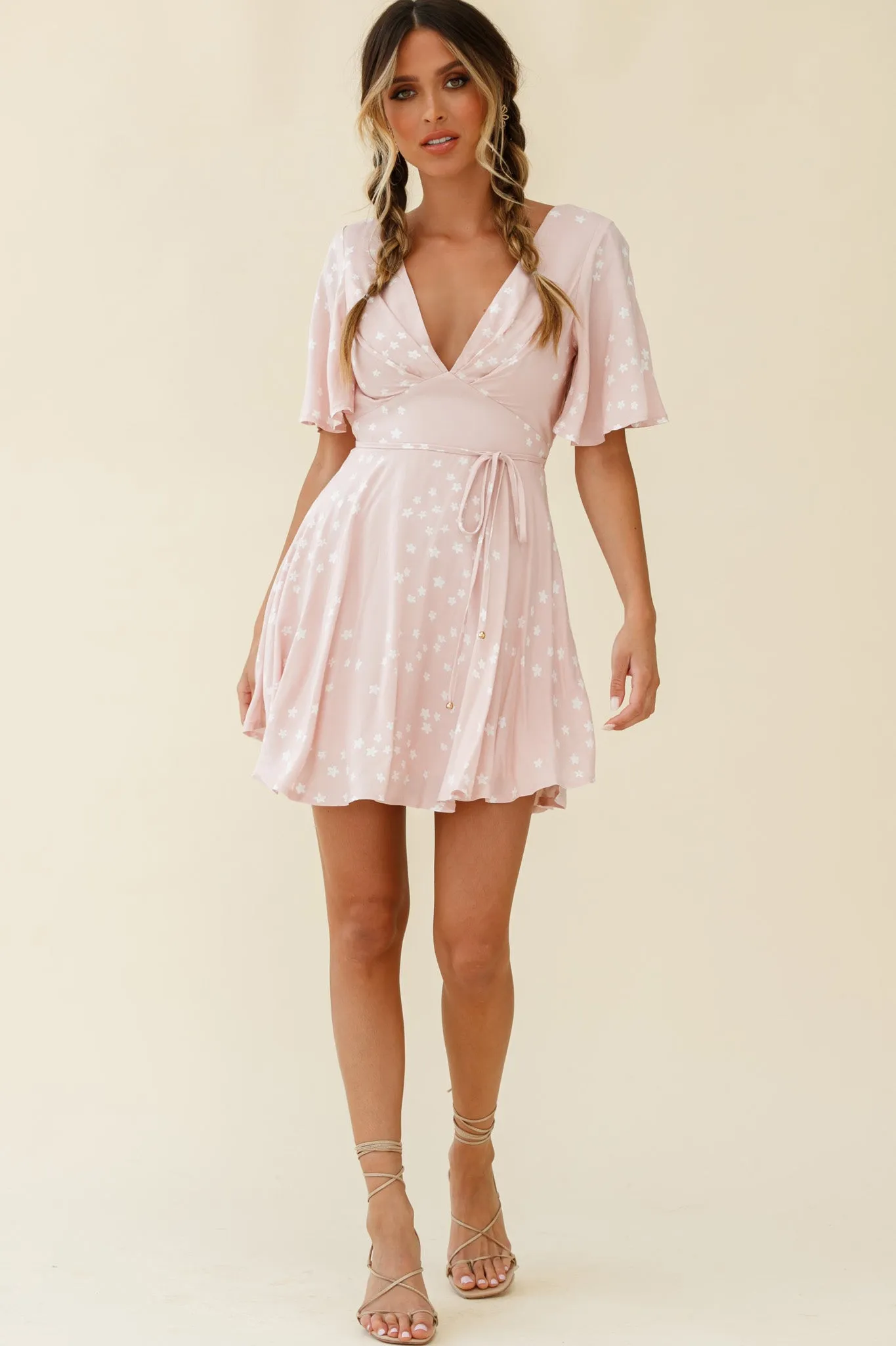 Dina V-Neckline Angel Sleeve Summer Dress Floral Print Pink sold by Selfie Leslie product image thumbnail 2