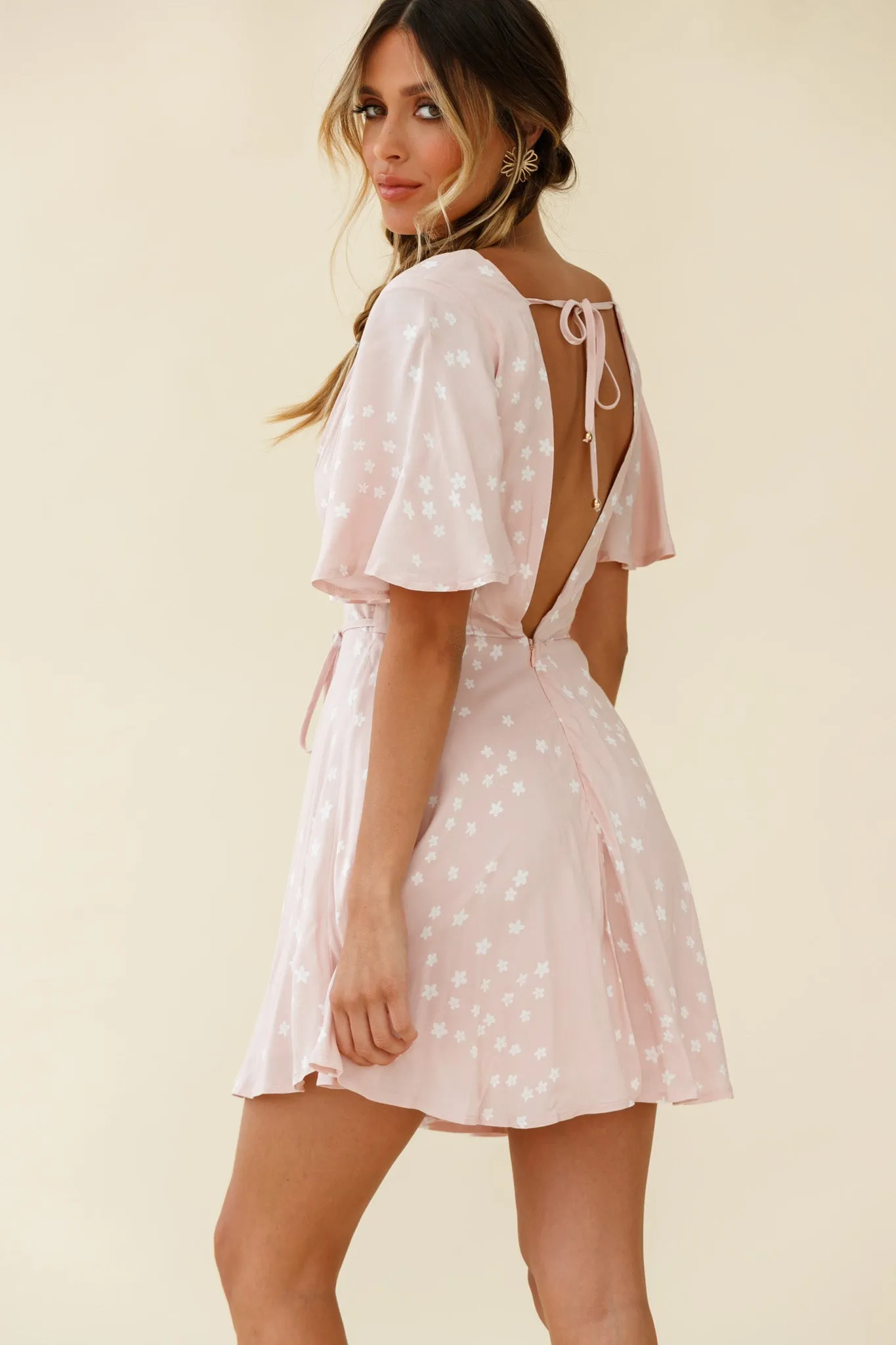 Dina V-Neckline Angel Sleeve Summer Dress Floral Print Pink sold by Selfie Leslie product image thumbnail 3