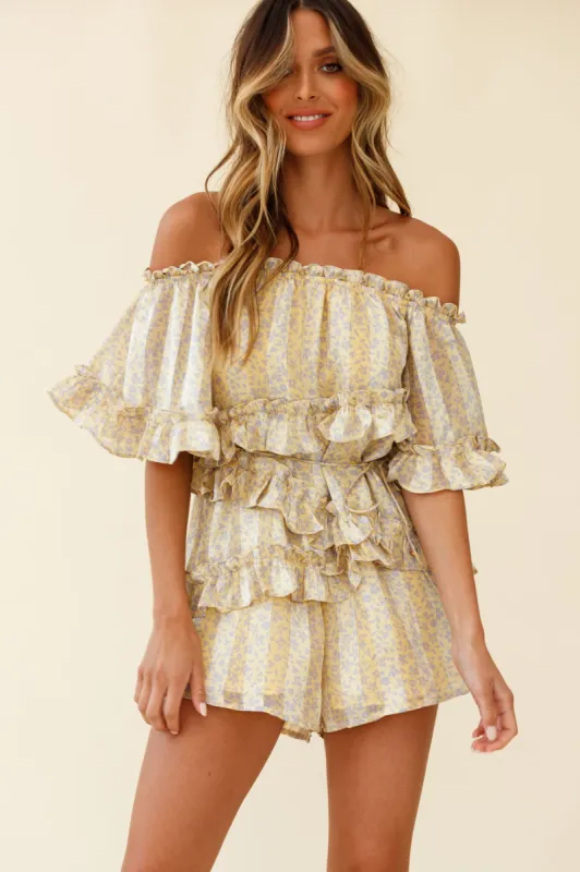 Astoria Bardot Neckline Frill Romper Floral & Stripe Print Yellow sold by Selfie Leslie