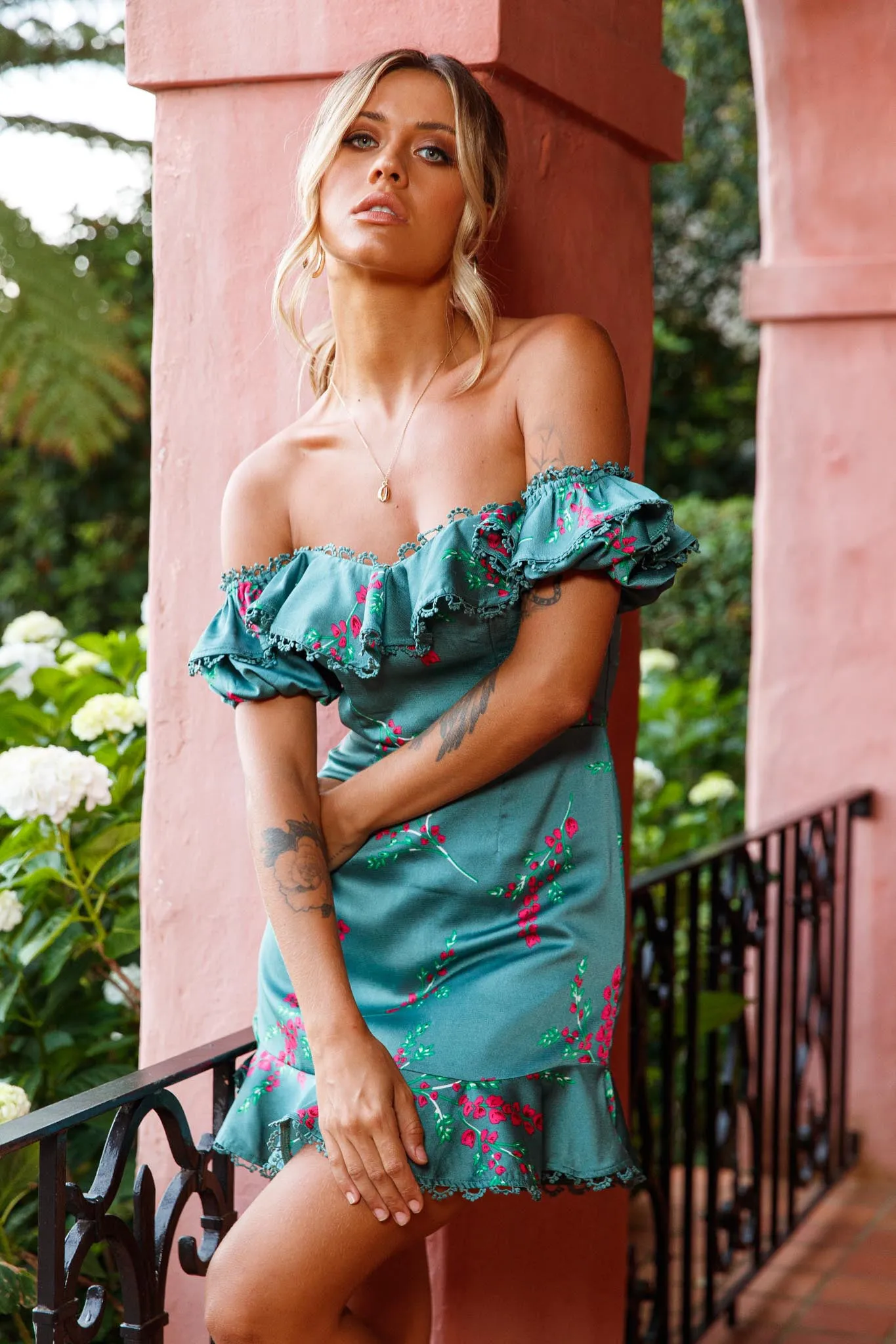 Bobby Bardot Neckline Puff Sleeve Dress Flower Spring Print Sage sold by Selfie Leslie product image thumbnail 4