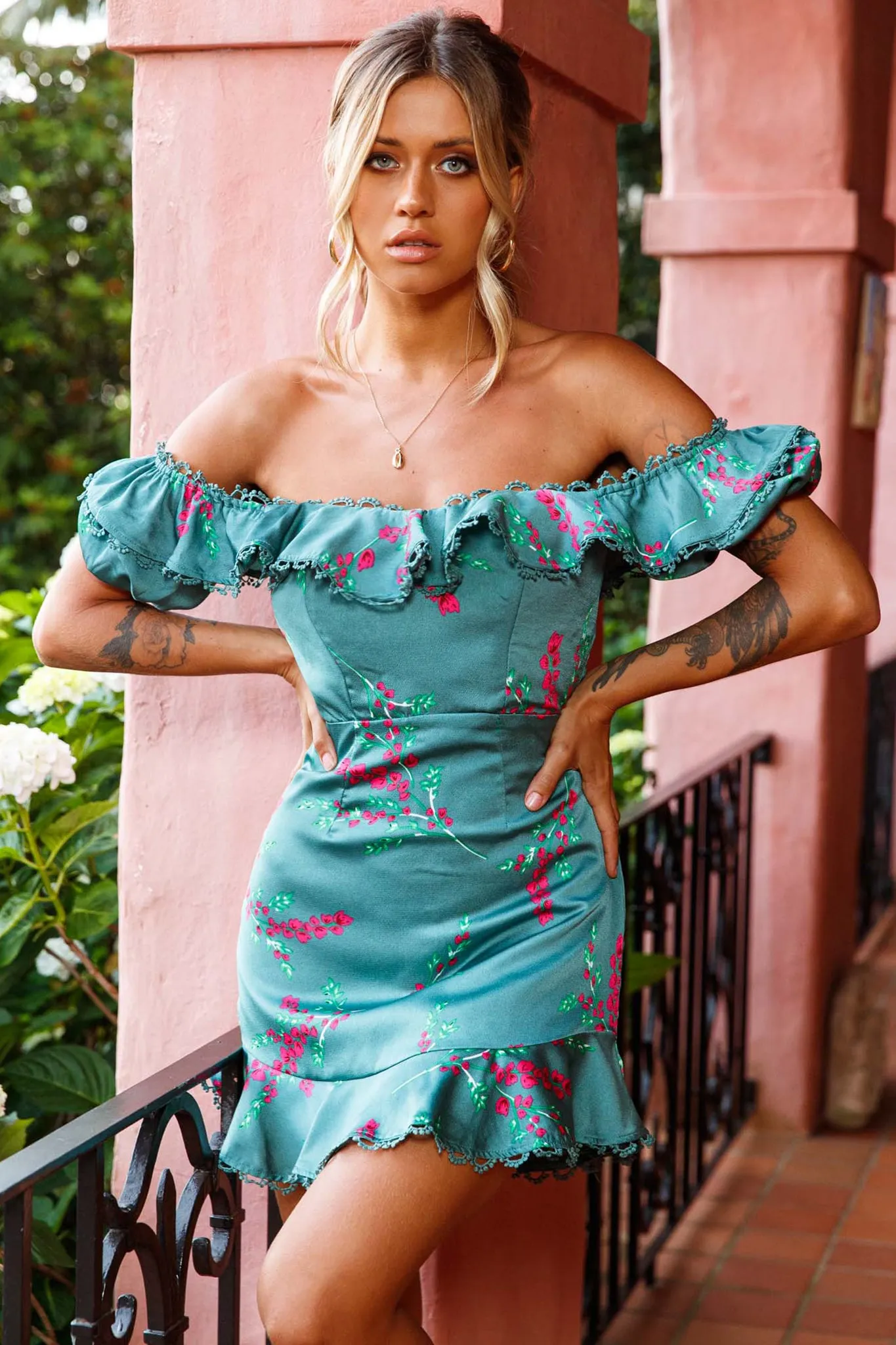 Bobby Bardot Neckline Puff Sleeve Dress Flower Spring Print Sage sold by Selfie Leslie