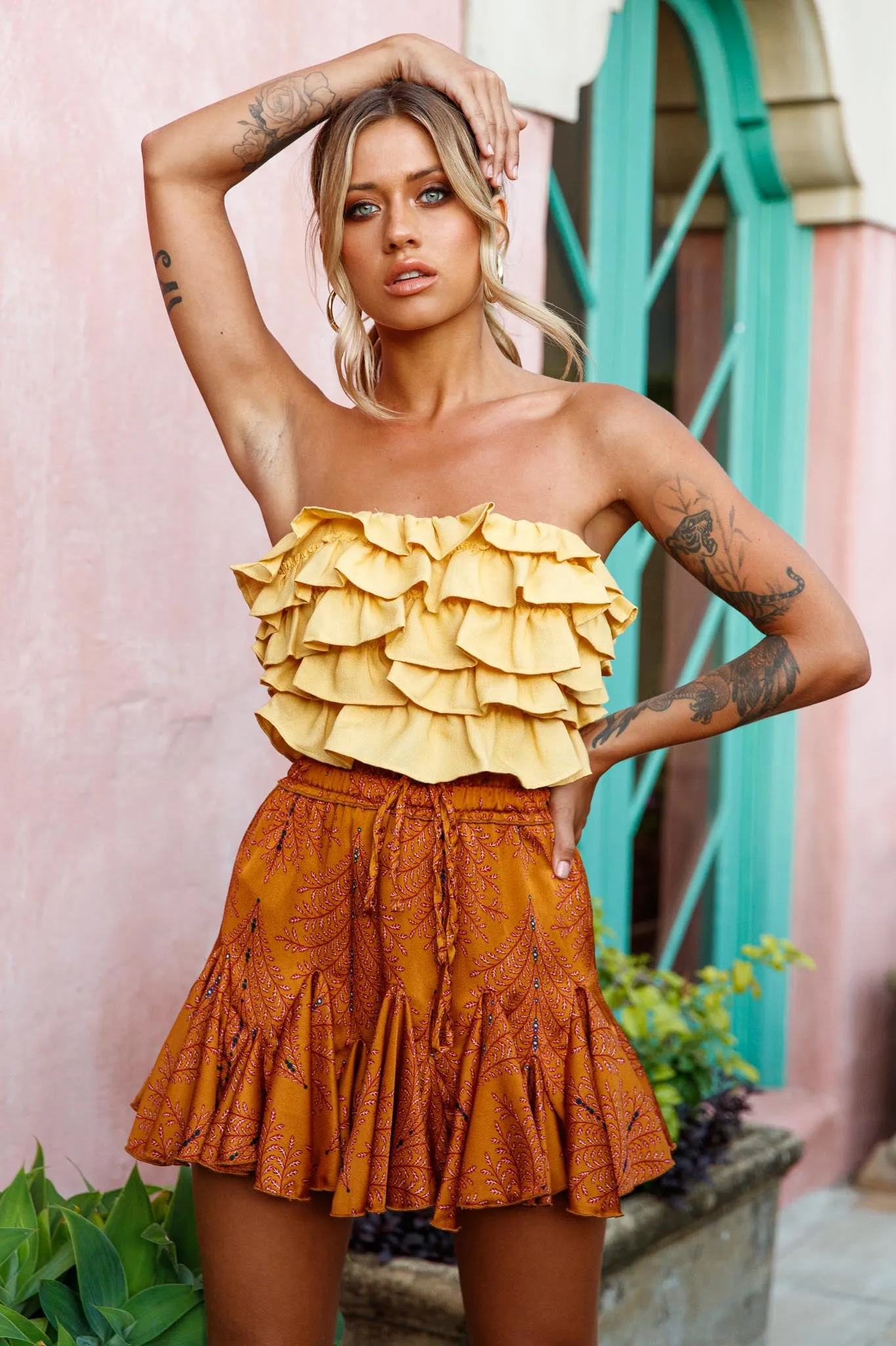 Robyn Flounce Mini Skirt Leaf Pattern Mustard sold by Selfie Leslie product image thumbnail 4