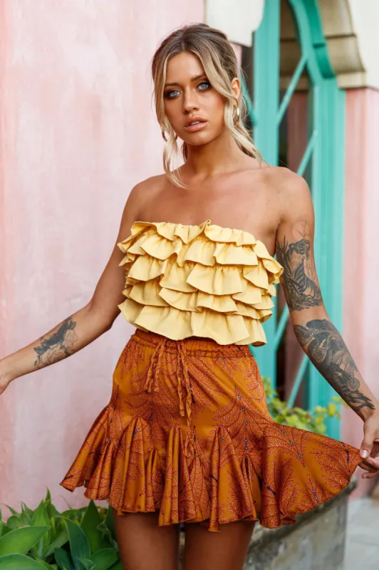 Robyn Flounce Mini Skirt Leaf Pattern Mustard sold by Selfie Leslie