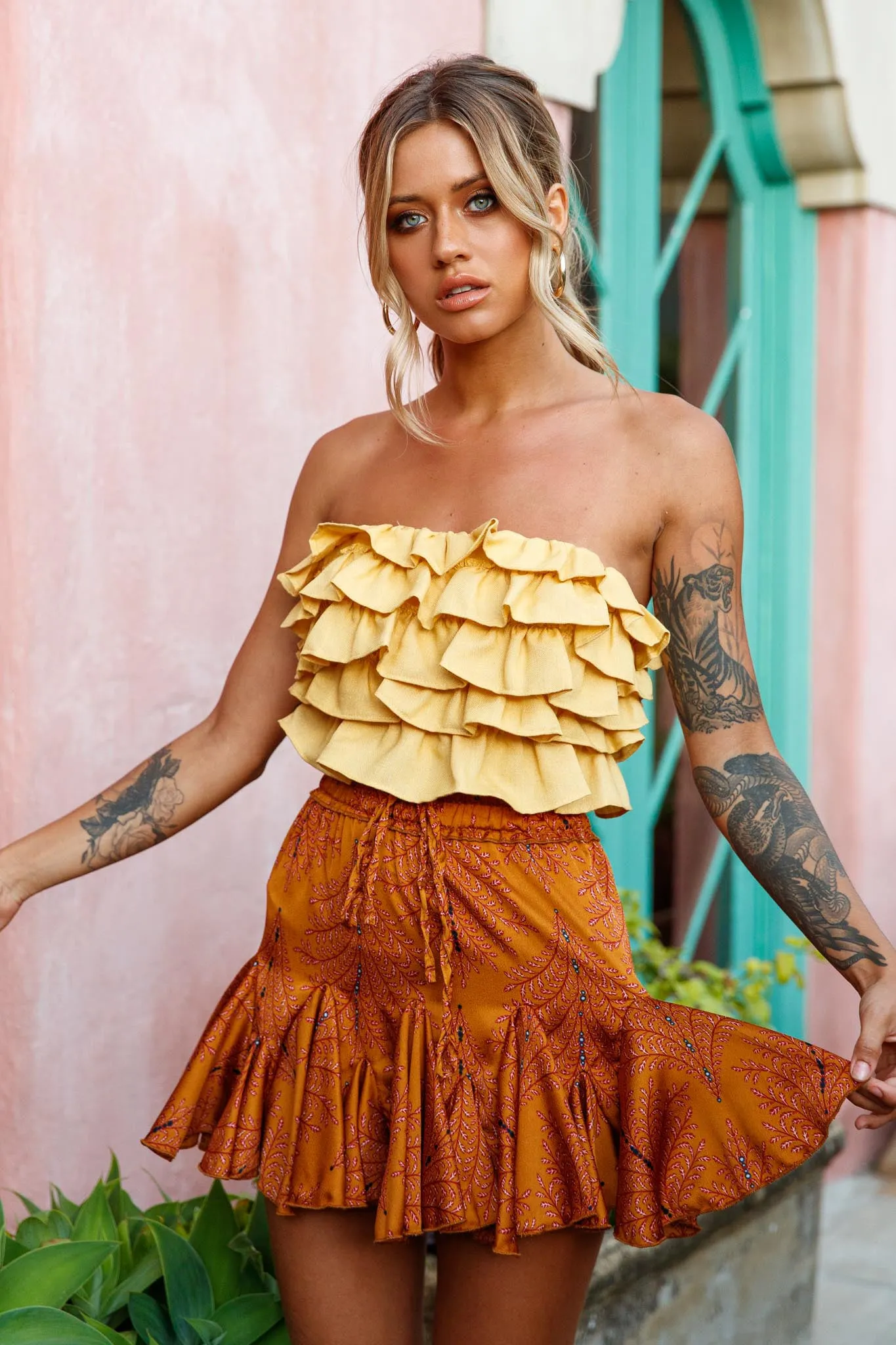 Robyn Flounce Mini Skirt Leaf Pattern Mustard sold by Selfie Leslie