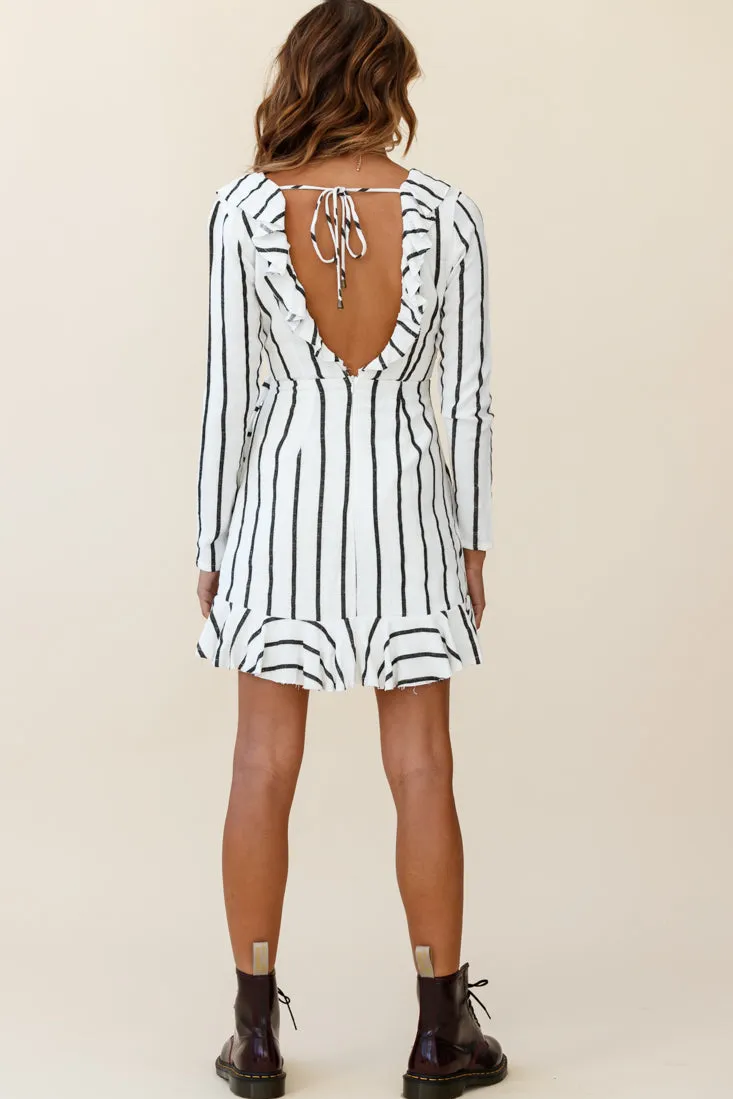 Beatrice Faux Wrap Ruffle Trim Raw Edge Dress White/Black Stripe sold by Selfie Leslie product image thumbnail 3