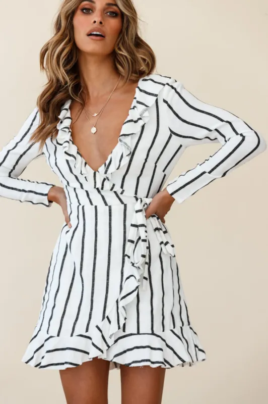 Beatrice Faux Wrap Ruffle Trim Raw Edge Dress White/Black Stripe sold by Selfie Leslie