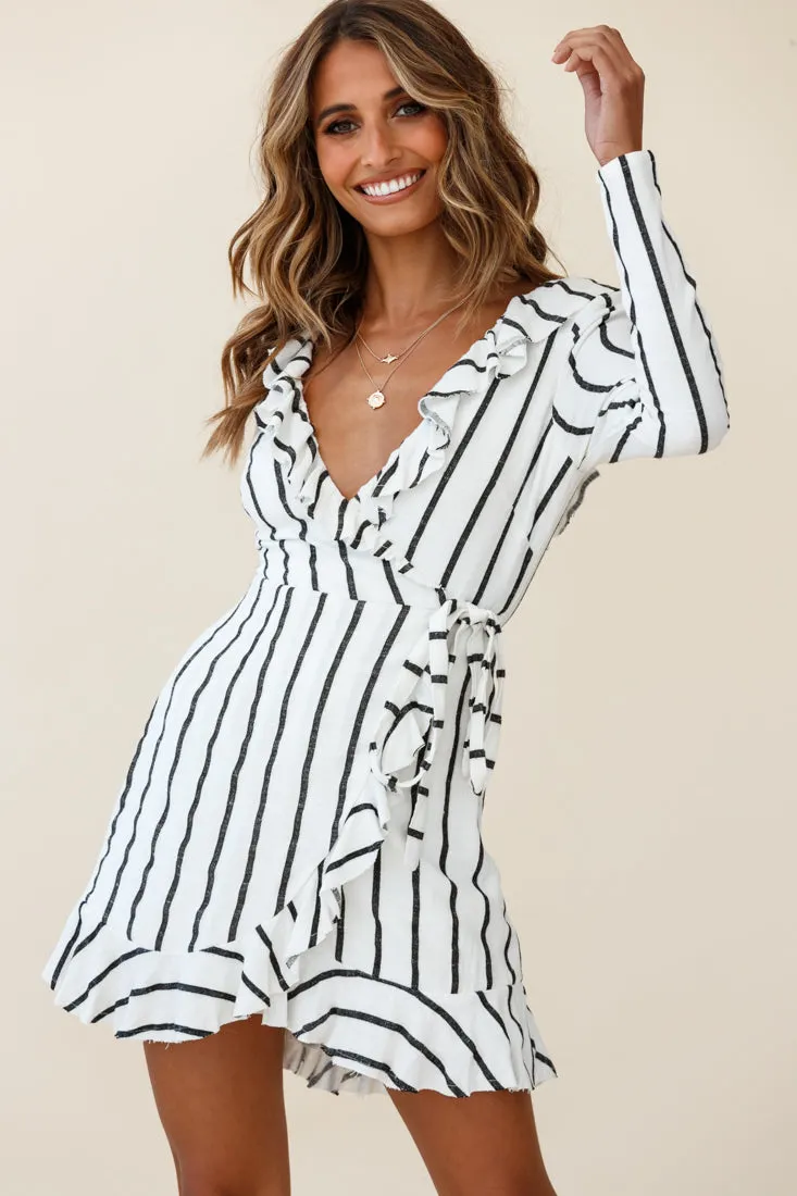 Beatrice Faux Wrap Ruffle Trim Raw Edge Dress White/Black Stripe sold by Selfie Leslie product image thumbnail 5