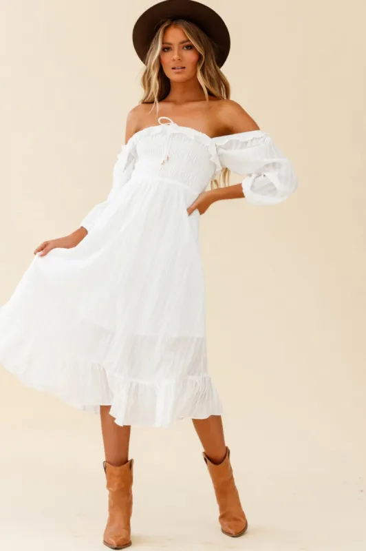 Flynn Off-Shoulder Shirred Bust Midi Dress White sold by Selfie Leslie