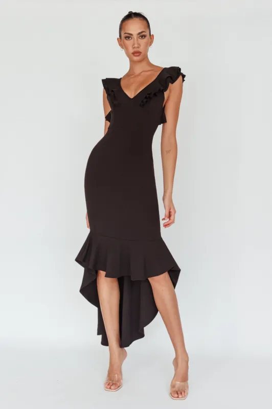 Pearl Ruffle Strap High-Low Hem Dress Black sold by Selfie Leslie