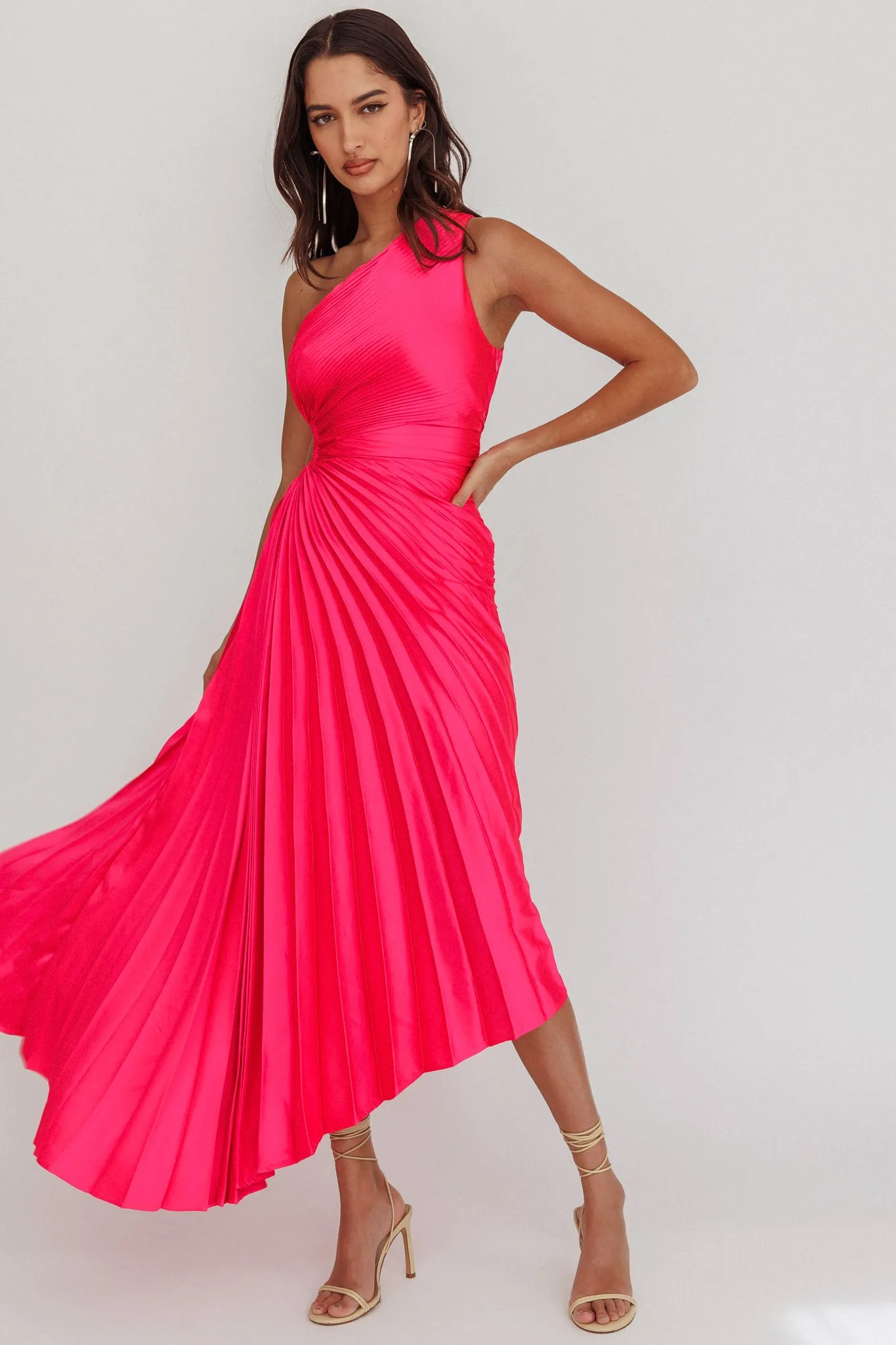 Brooklynn One-Shoulder Accordion Pleat Satin Midi Dress Fuchsia sold by Selfie Leslie