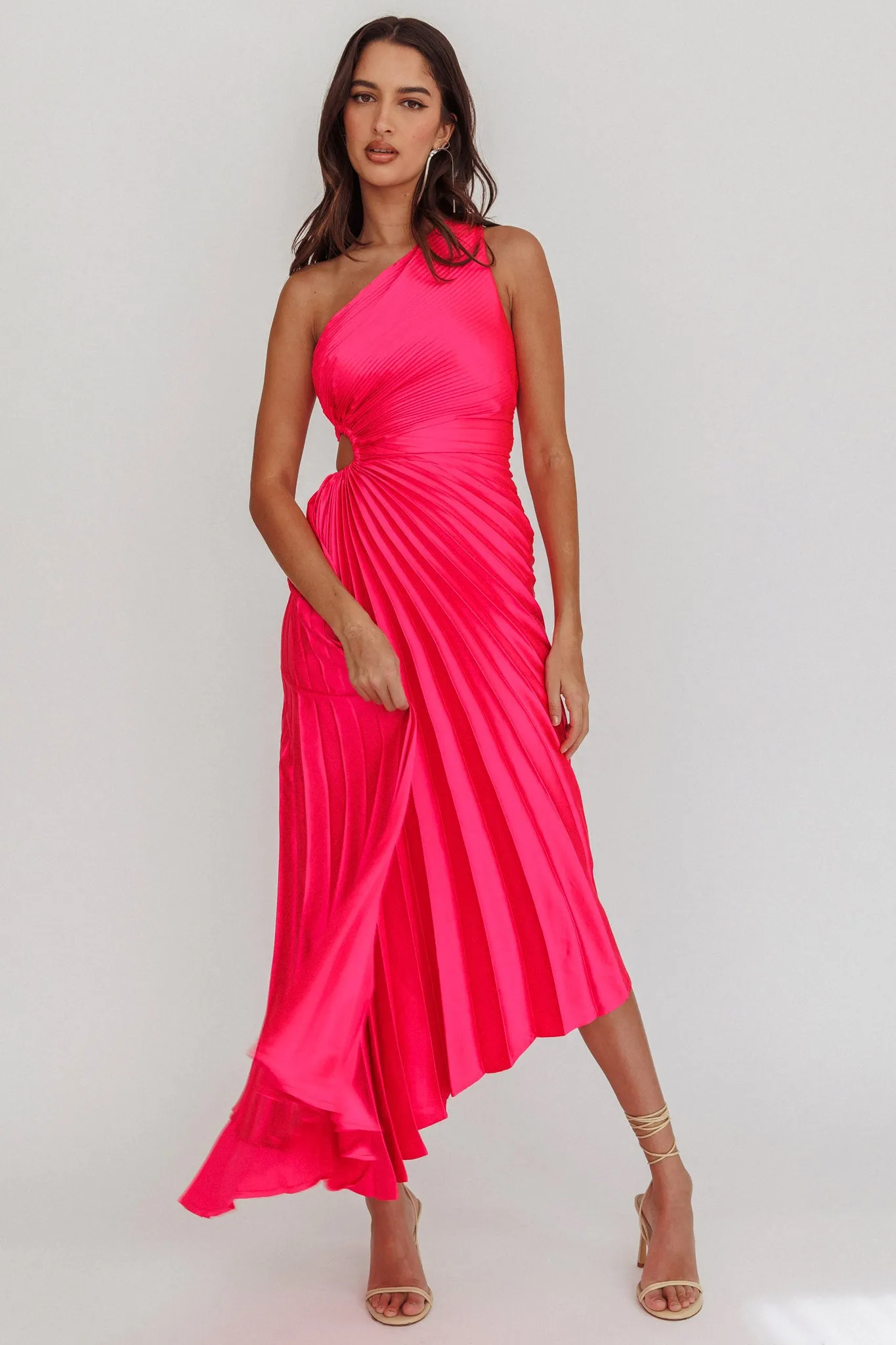 Brooklynn One-Shoulder Accordion Pleat Satin Midi Dress Fuchsia sold by Selfie Leslie product image thumbnail 5