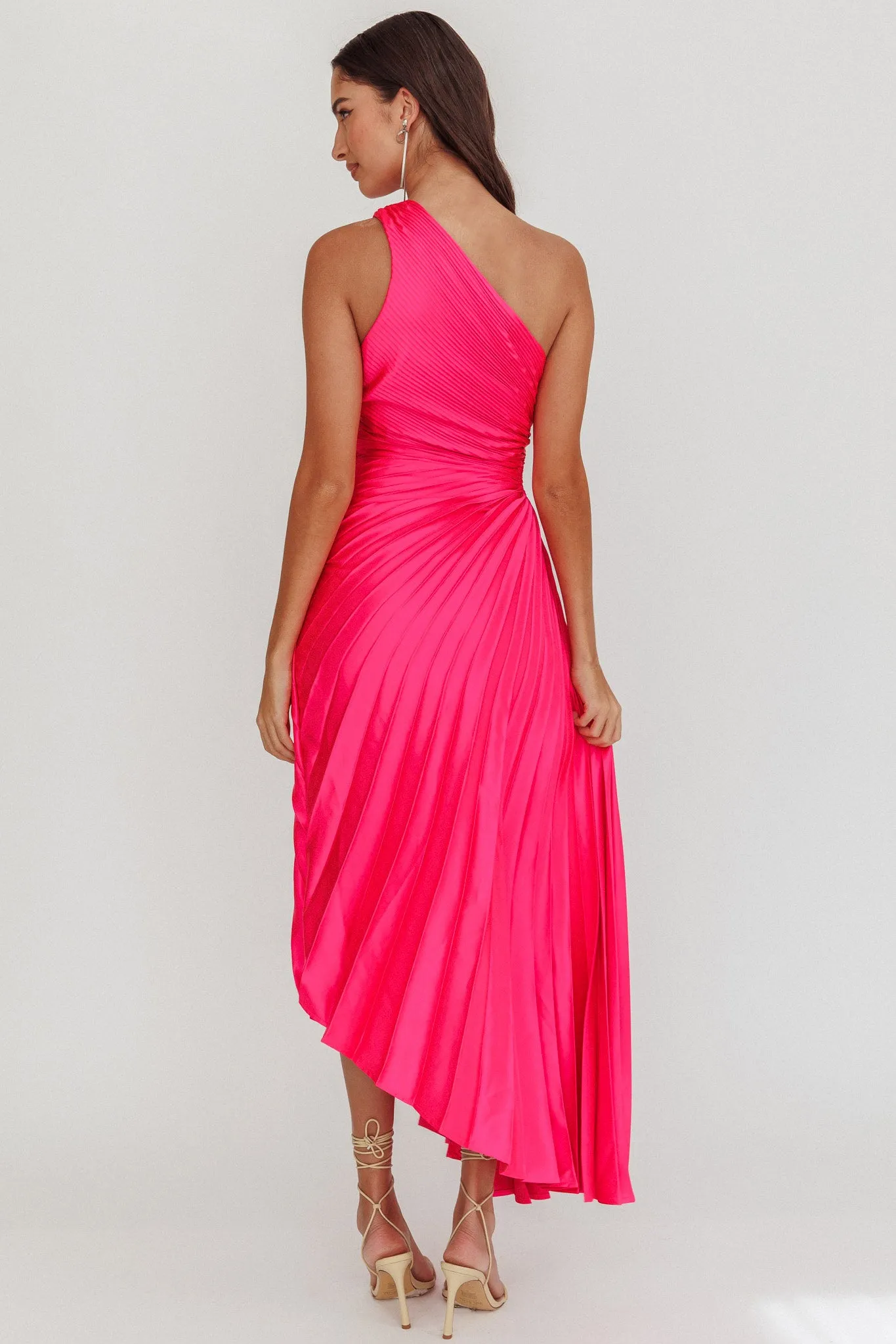 Brooklynn One-Shoulder Accordion Pleat Satin Midi Dress Fuchsia sold by Selfie Leslie product image thumbnail 2