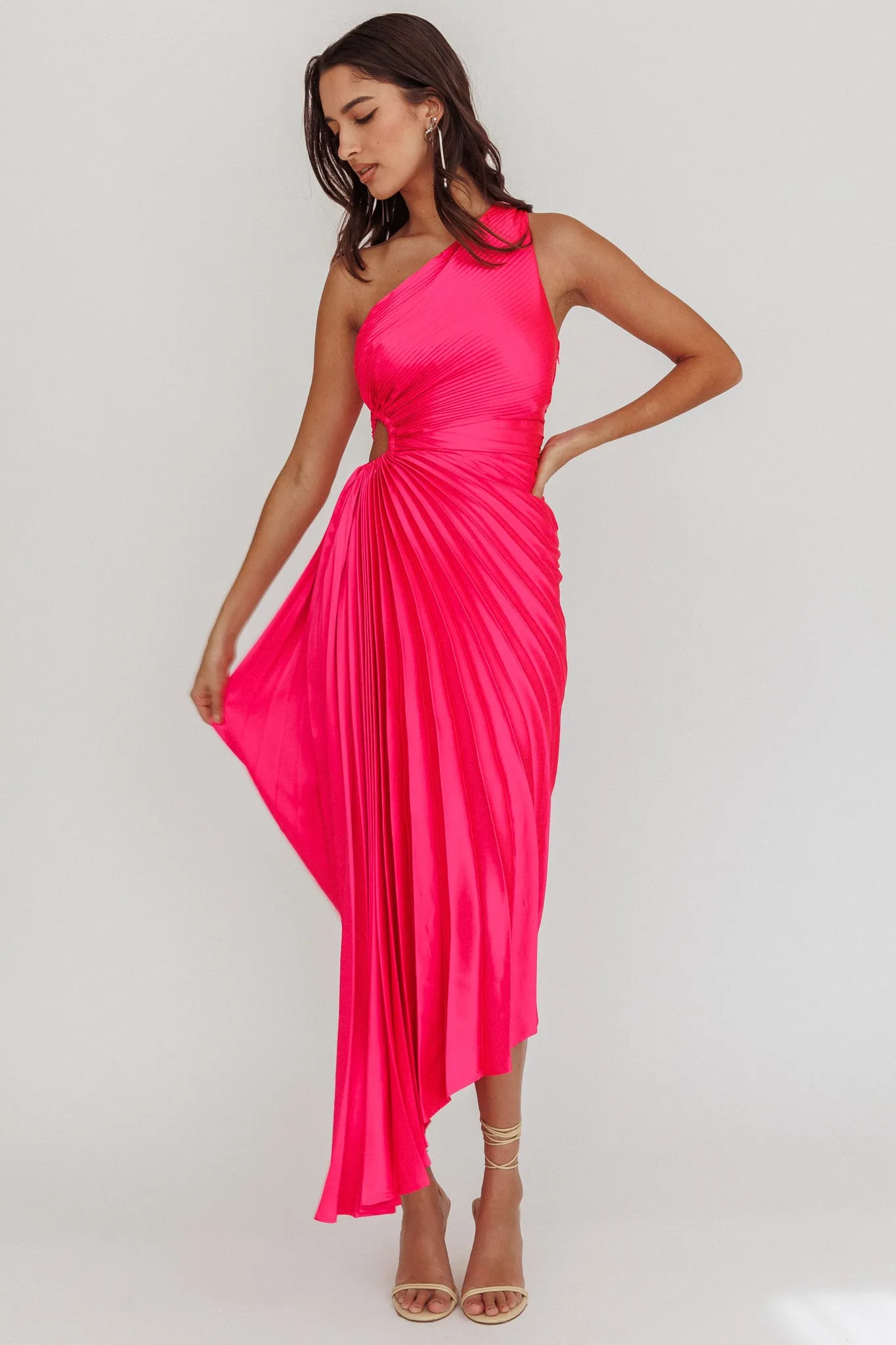 Brooklynn One-Shoulder Accordion Pleat Satin Midi Dress Fuchsia sold by Selfie Leslie product image thumbnail 3