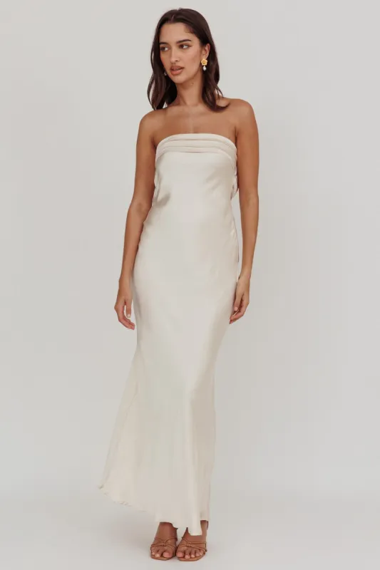 Kona Strapless Pleated Bust Satin Maxi Dress Champagne sold by Selfie Leslie