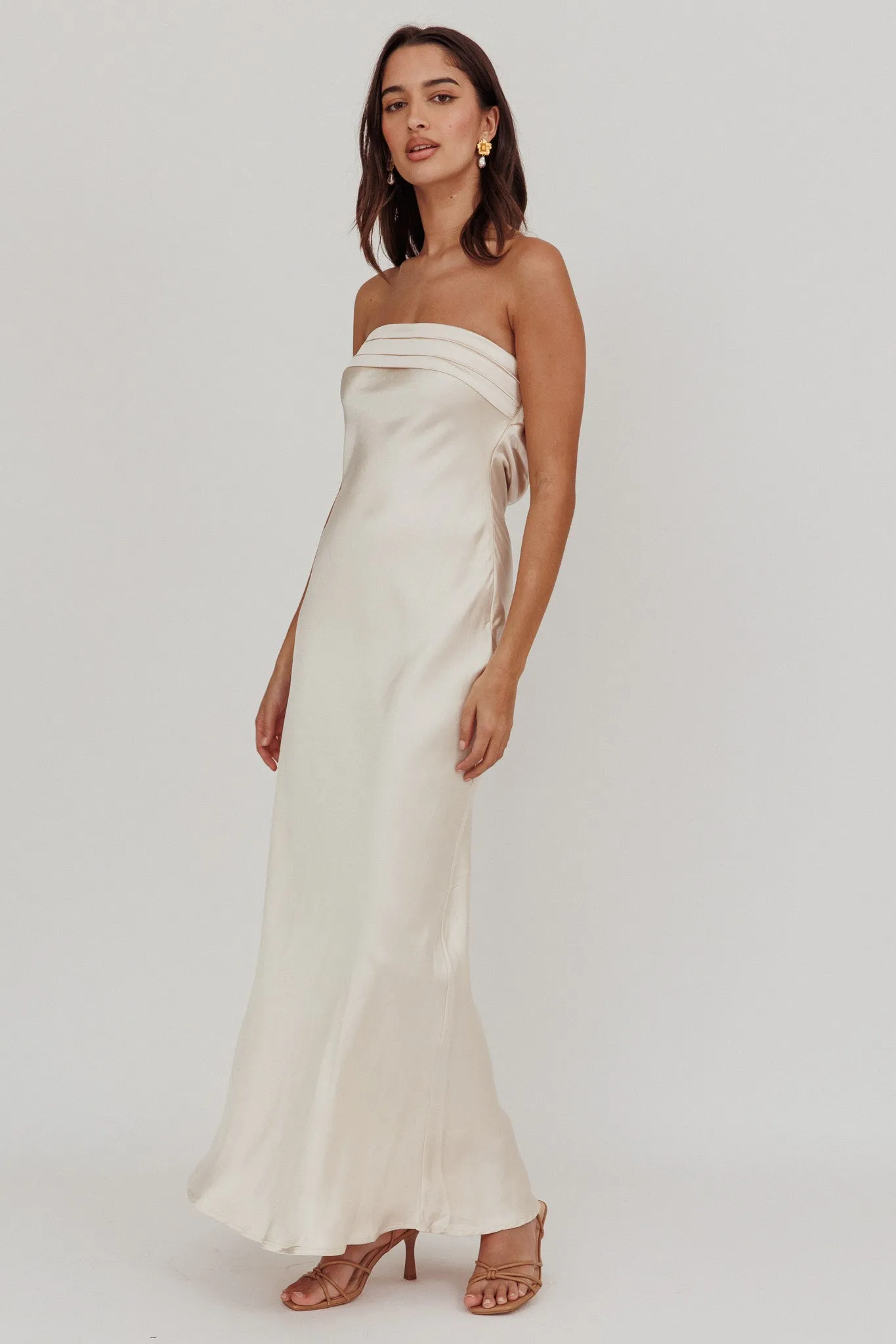 Kona Strapless Pleated Bust Satin Maxi Dress Champagne sold by Selfie Leslie product image thumbnail 3
