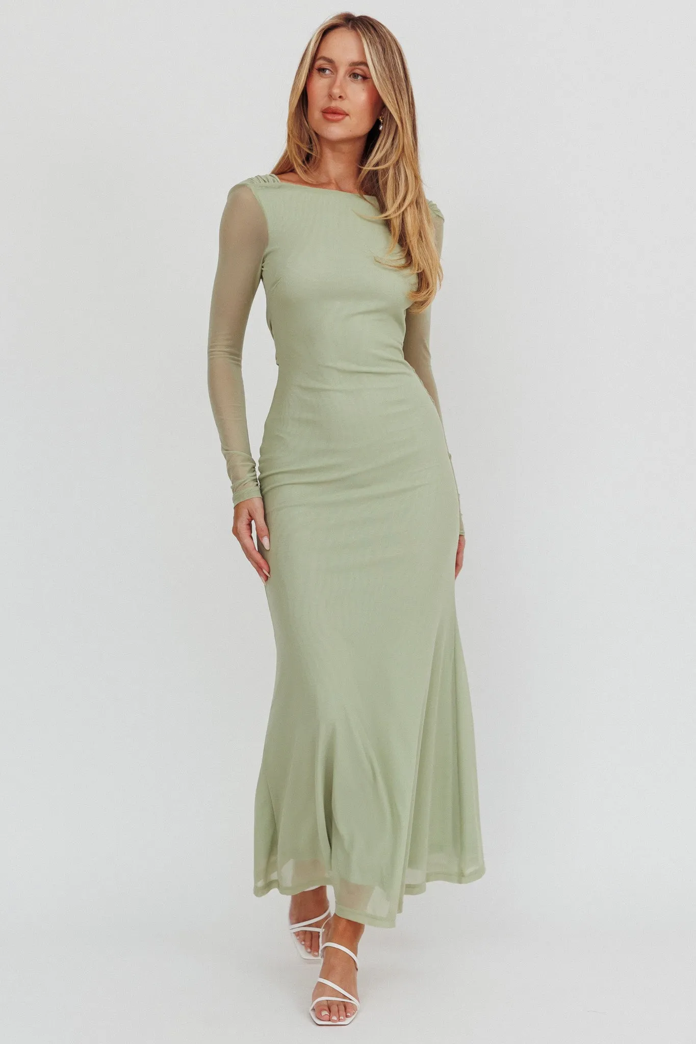 Lustre Open Back Mesh Maxi Dress Sage sold by Selfie Leslie