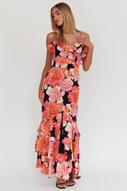Silvana Frill Trim Maxi Dress Black/Pink sold by Selfie Leslie