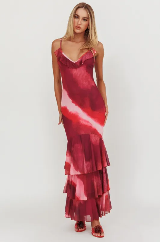 Oskar Tiered Ruffle Hem Mermaid Maxi Dress Pink sold by Selfie Leslie