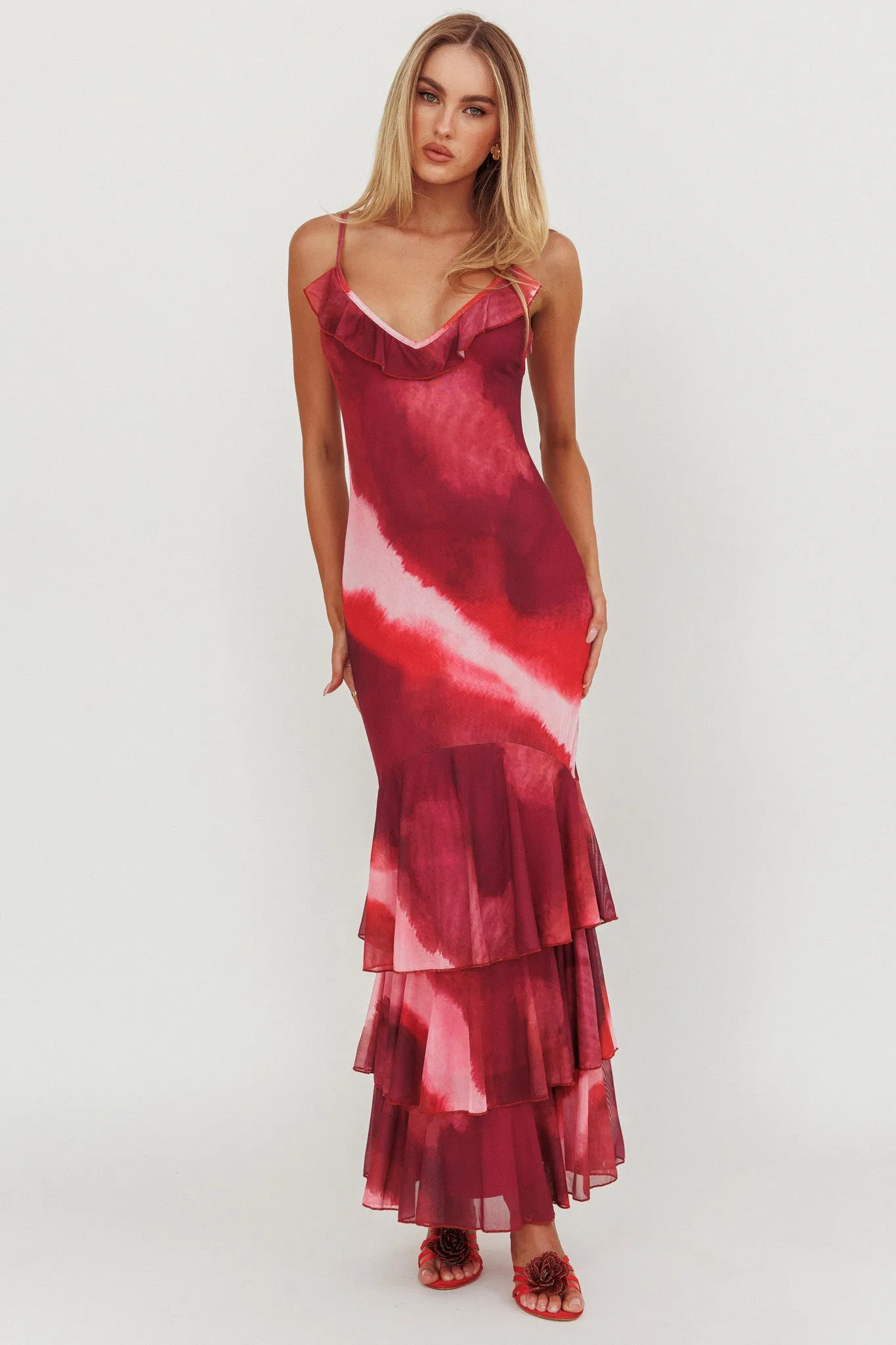 Oskar Tiered Ruffle Hem Mermaid Maxi Dress Pink sold by Selfie Leslie