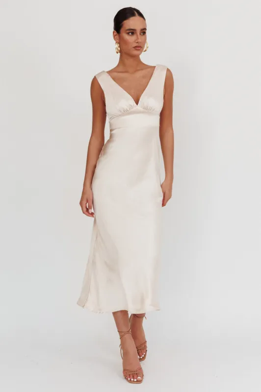Leila V-Neck Low Back Satin Midi Dress Ivory sold by Selfie Leslie