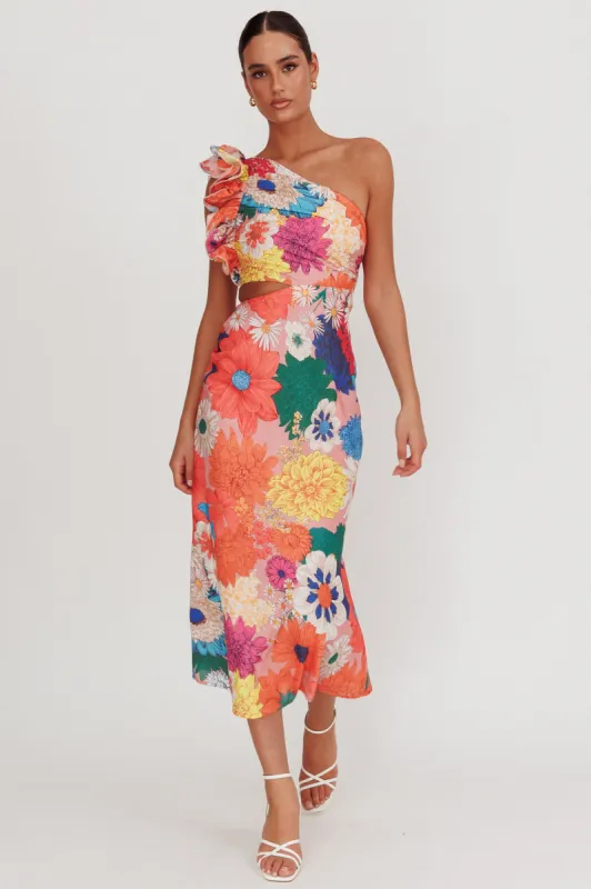 Deanna One-Shoulder Ruffle Floral Maxi Dress Orange sold by Selfie Leslie