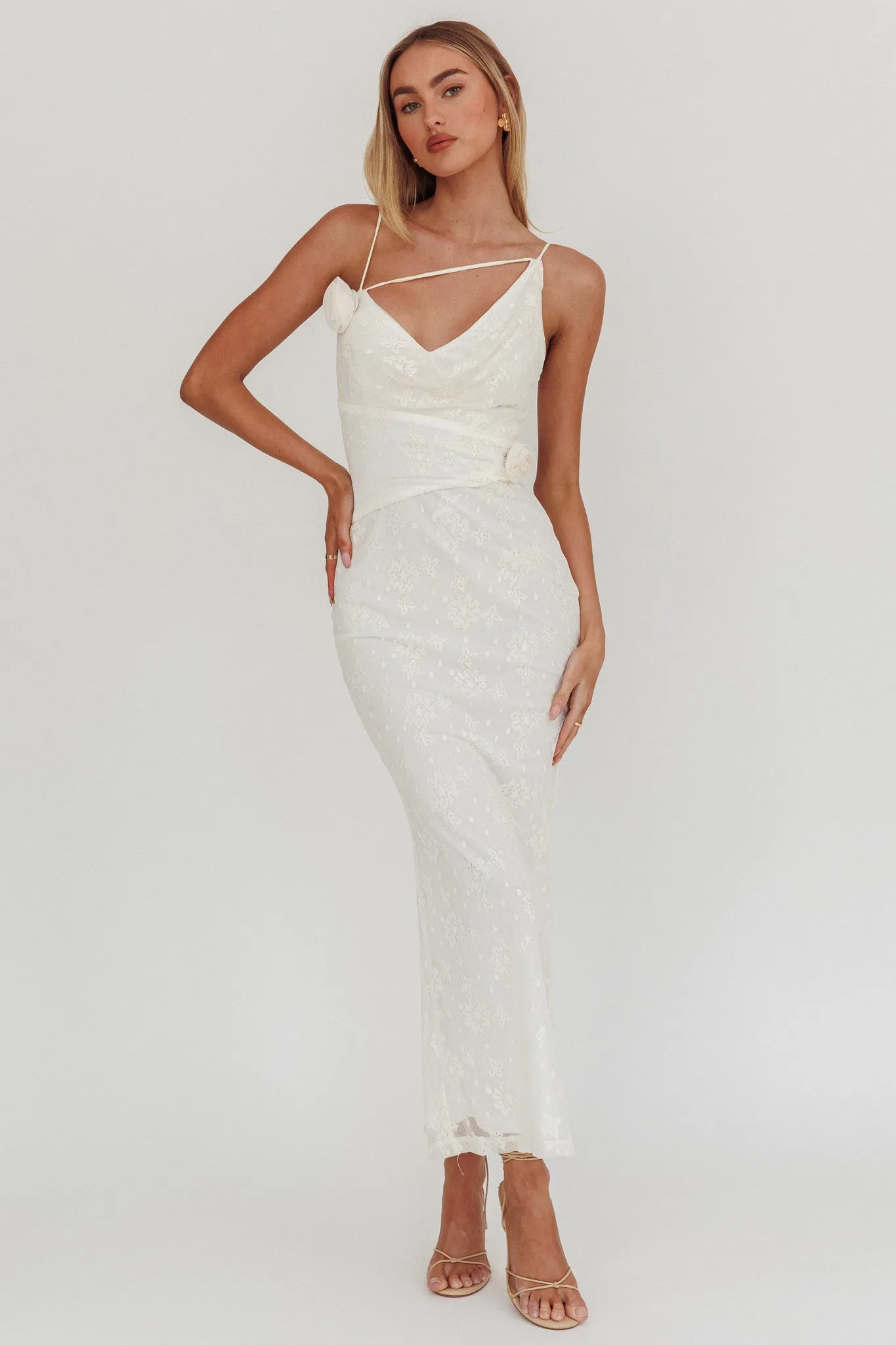 Golden Glow Rosette Cowl Neck Maxi Dress Beige sold by Selfie Leslie