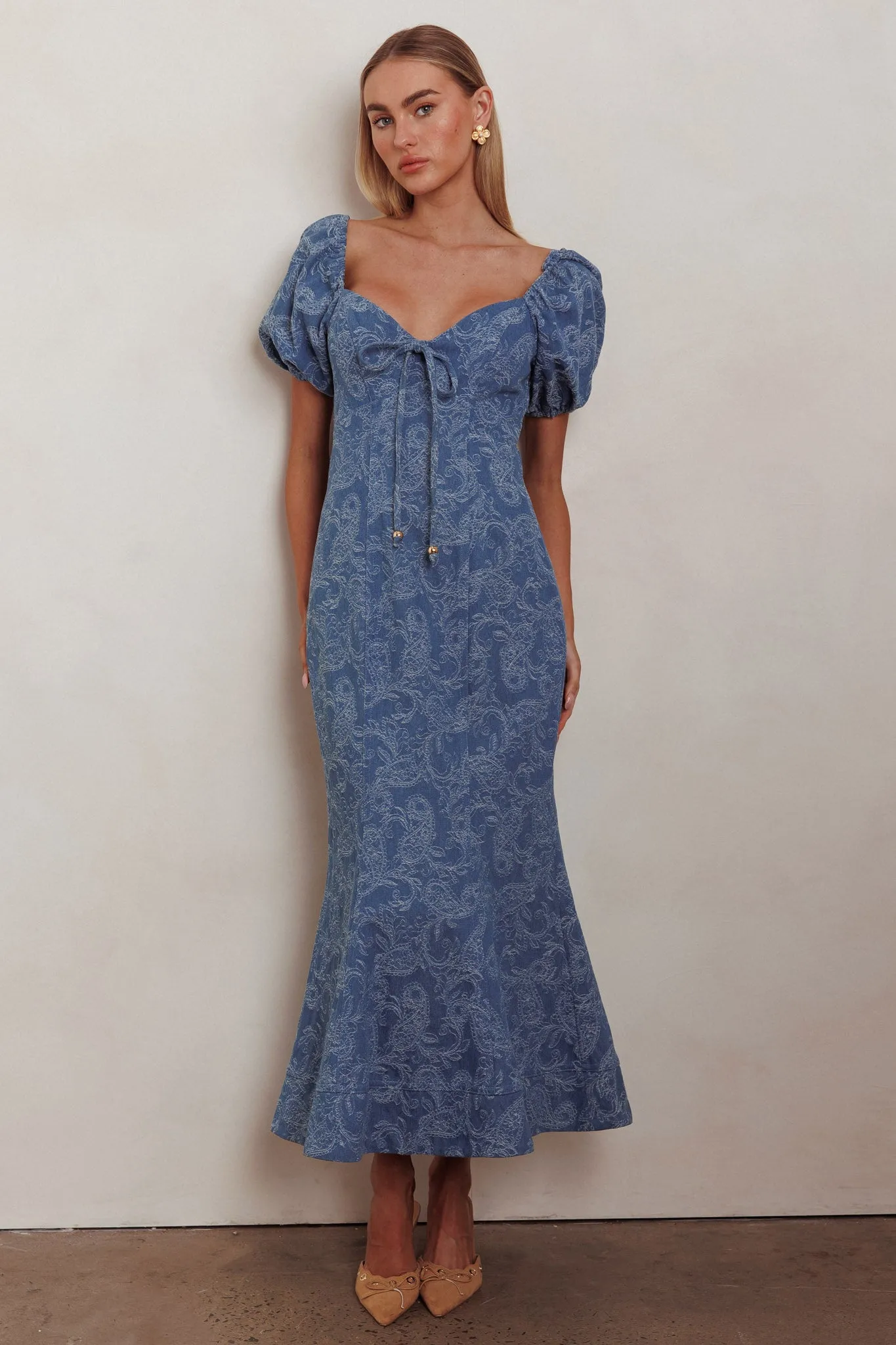 Feeling Electric Puff Sleeves Mermaid Maxi Dress Denim Blue sold by Selfie Leslie
