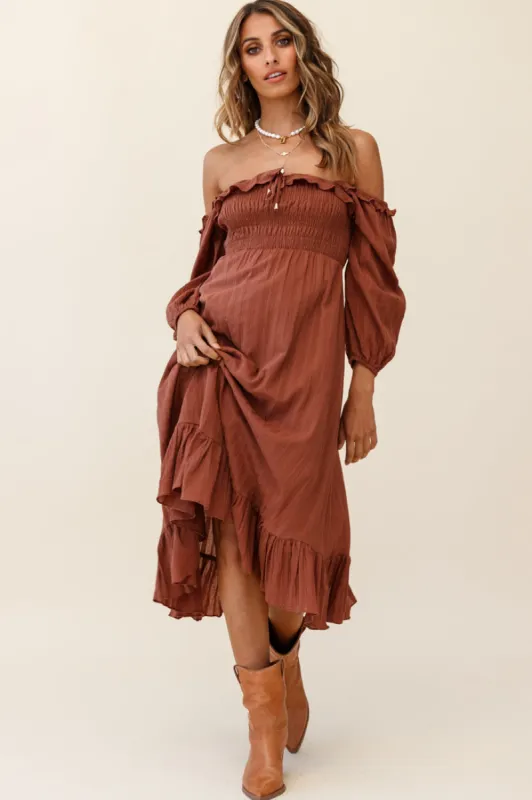 Flynn Off-Shoulder Shirred Bust Midi Dress Tan sold by Selfie Leslie