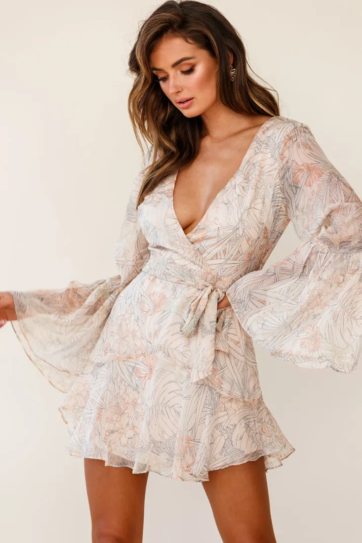 Dayton Bell Sleeve Waist Tie Dress Leaf Print Nude sold by Selfie Leslie product image thumbnail 4