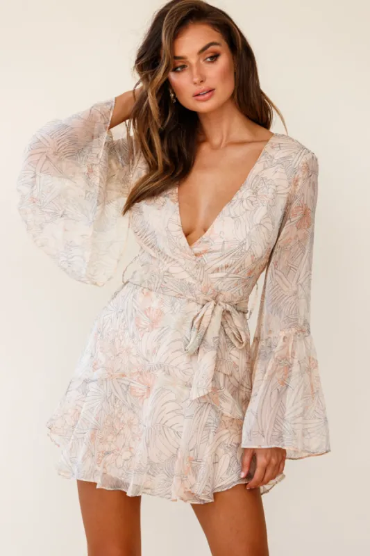 Dayton Bell Sleeve Waist Tie Dress Leaf Print Nude sold by Selfie Leslie
