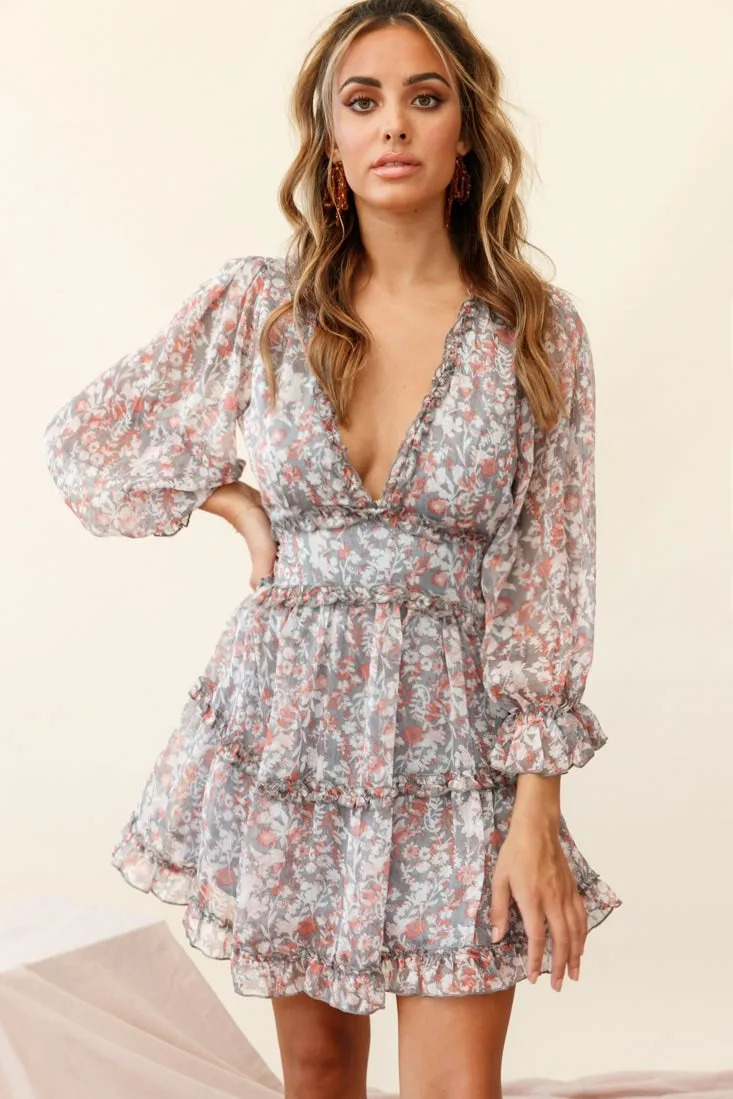 Laney Cutout Back Ruffle Trim Dress Floral Print Grey/Orange sold by Selfie Leslie product image thumbnail 3